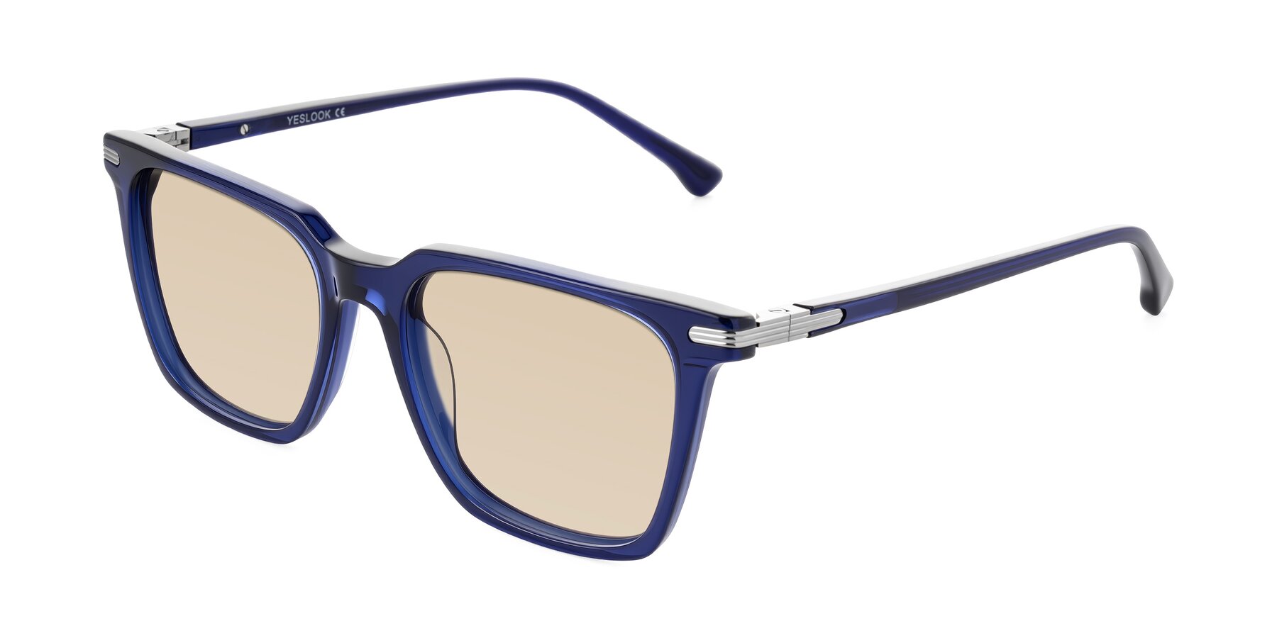 Angle of Miyaha in Navy Blue with Light Brown Tinted Lenses