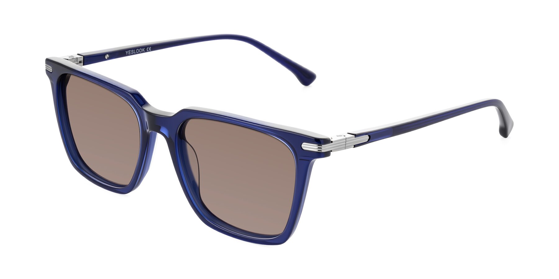 Angle of Miyaha in Navy Blue with Medium Brown Tinted Lenses