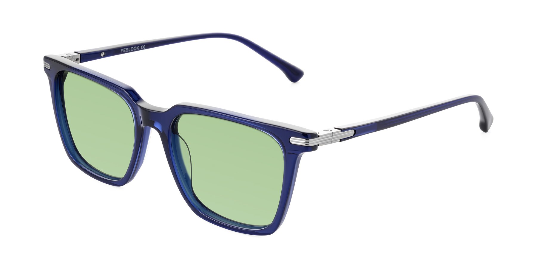 Angle of Miyaha in Navy Blue with Medium Green Tinted Lenses