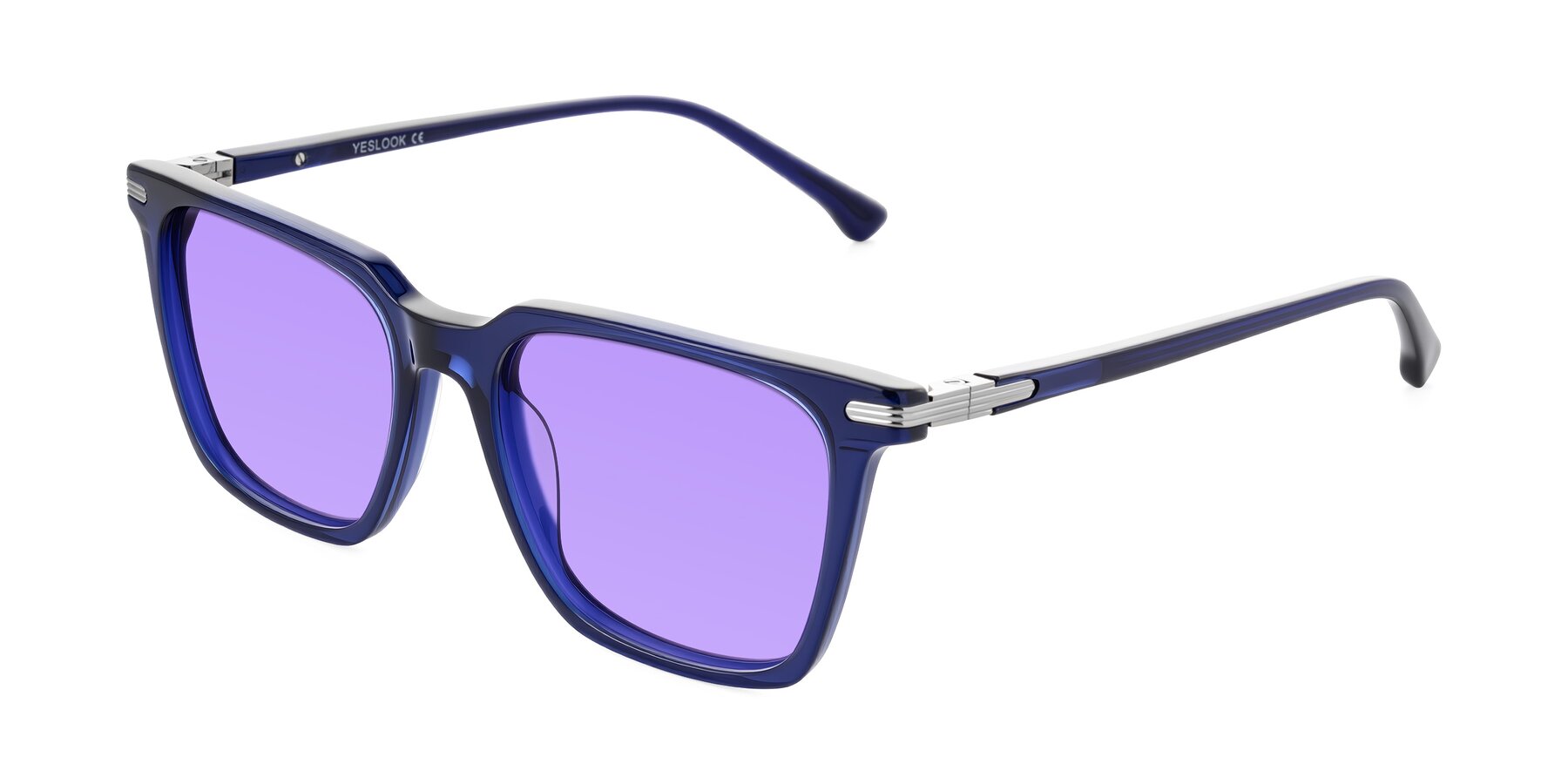 Angle of Miyaha in Navy Blue with Medium Purple Tinted Lenses