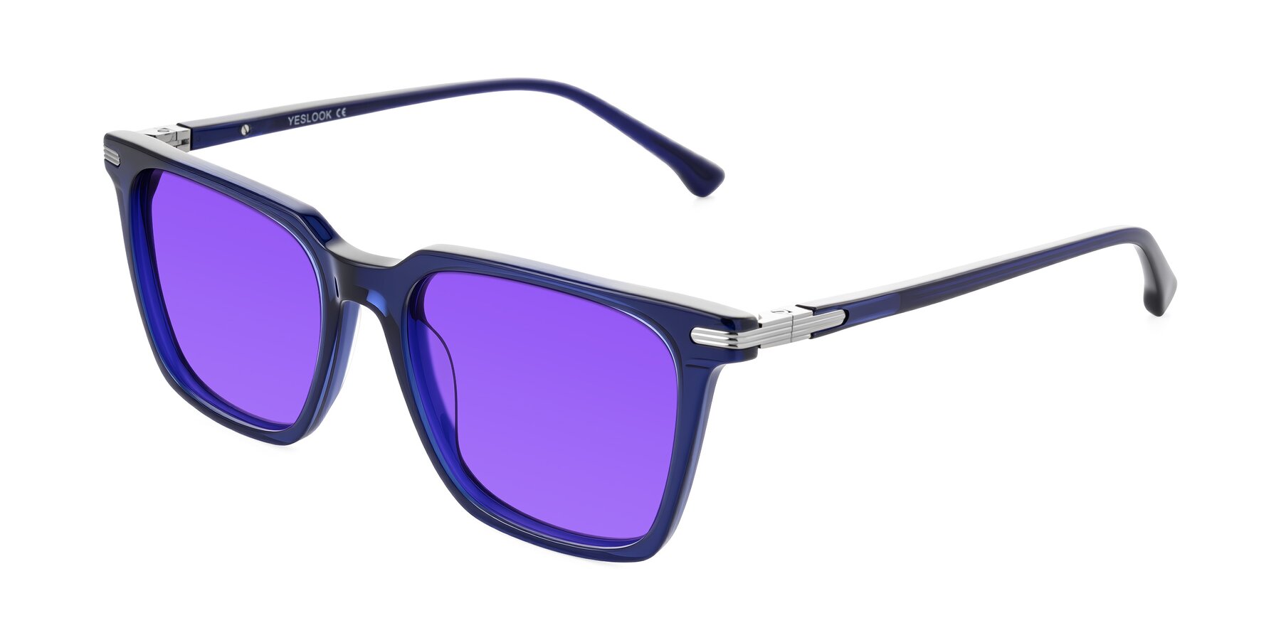 Angle of Miyaha in Navy Blue with Purple Tinted Lenses