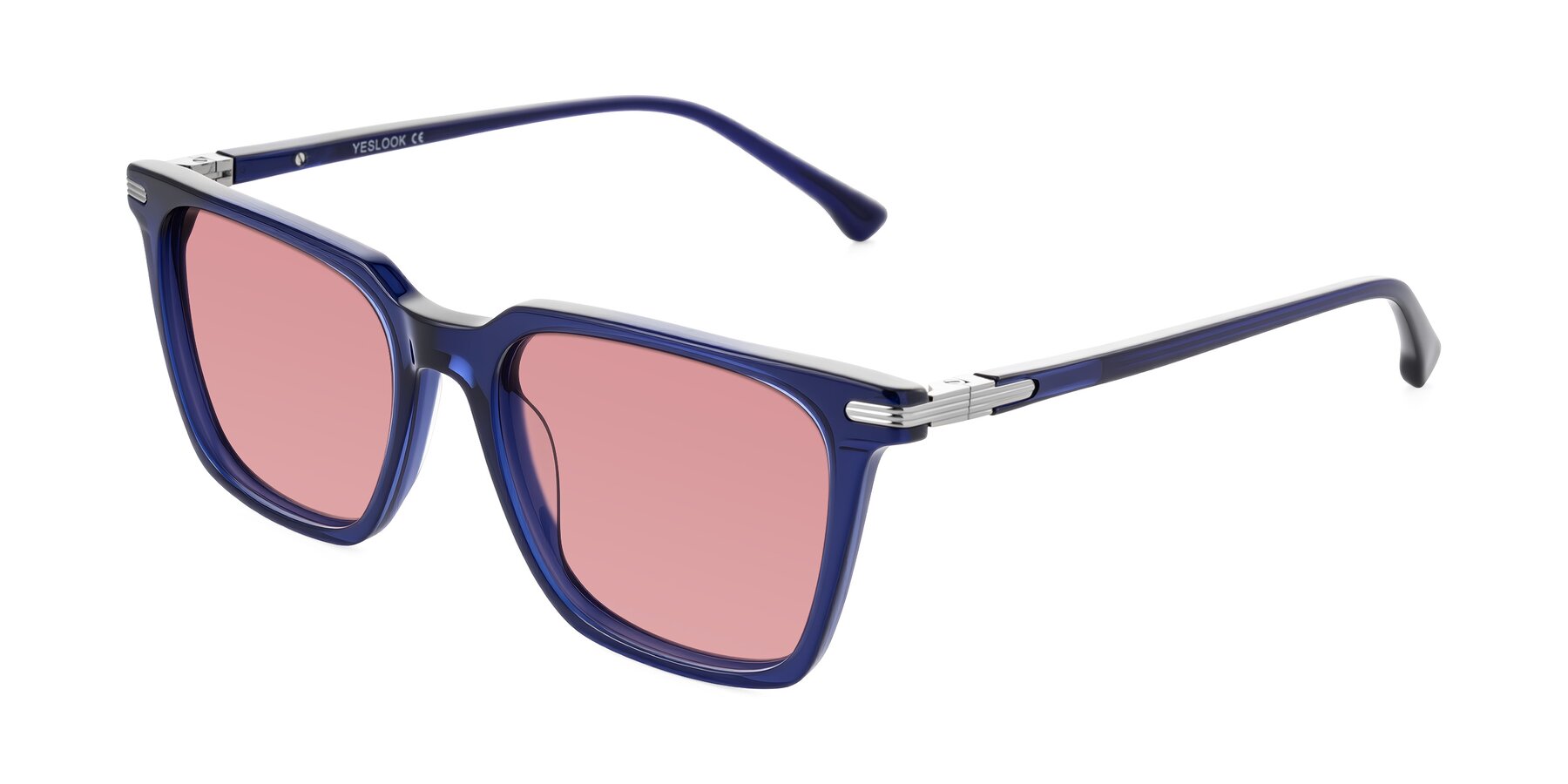 Angle of Miyaha in Navy Blue with Medium Garnet Tinted Lenses