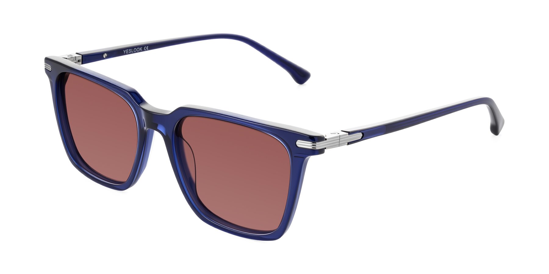 Angle of Miyaha in Navy Blue with Garnet Tinted Lenses