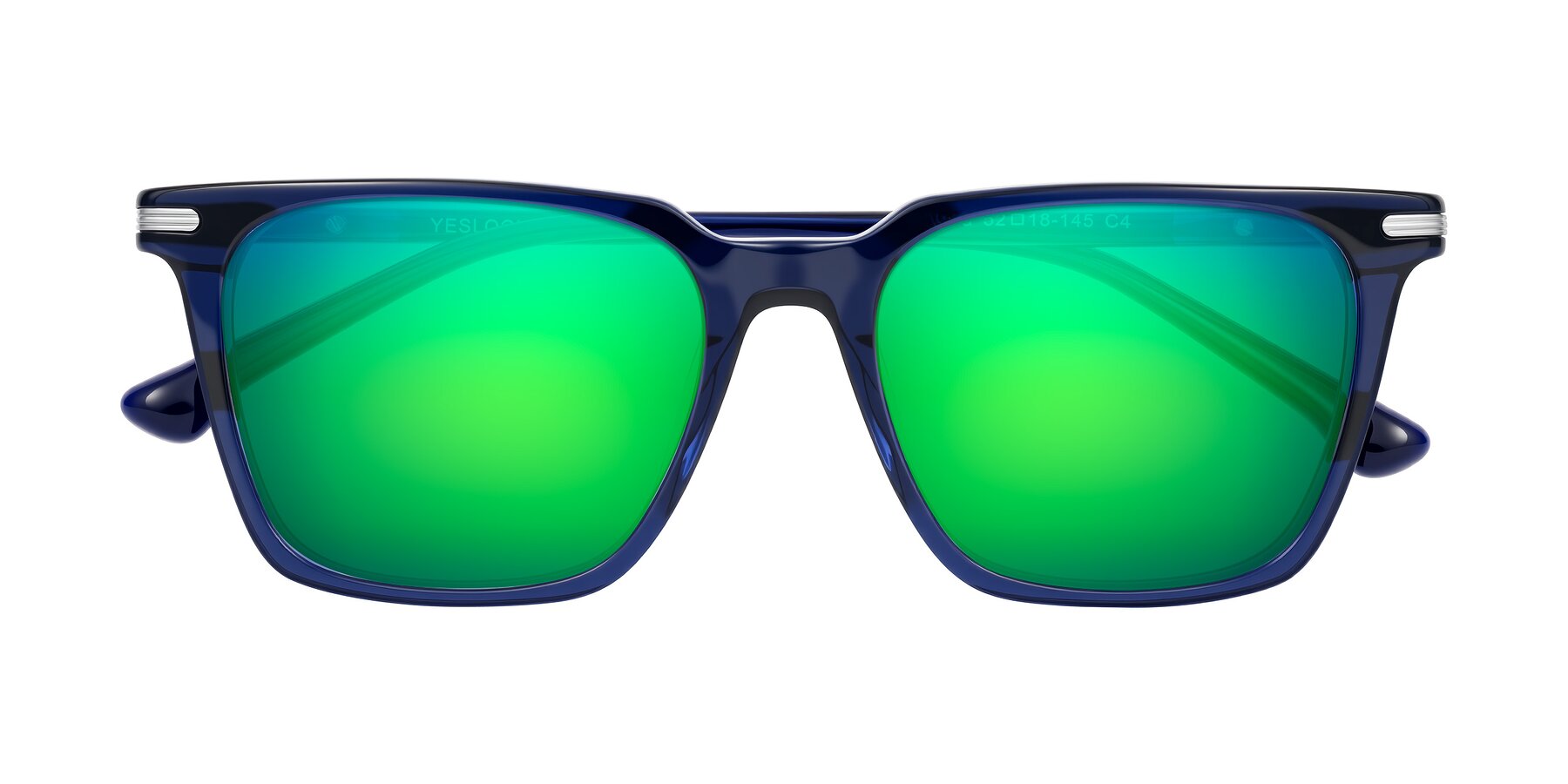 Folded Front of Miyaha in Navy Blue with Green Mirrored Lenses