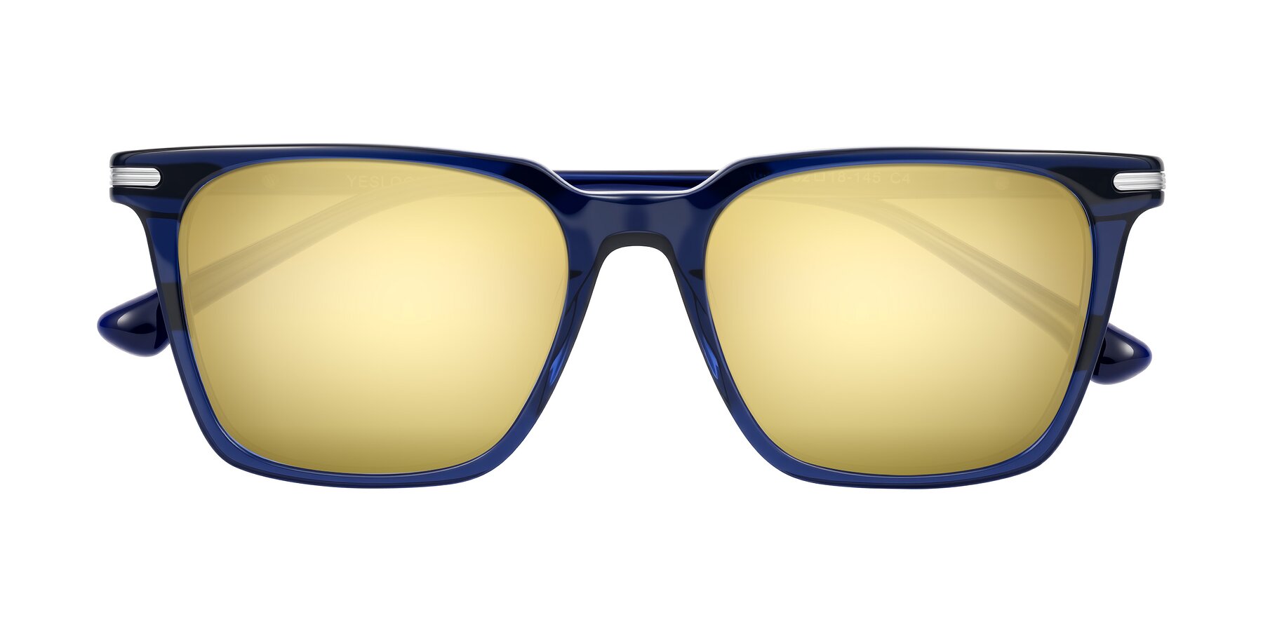 Folded Front of Miyaha in Navy Blue with Gold Mirrored Lenses