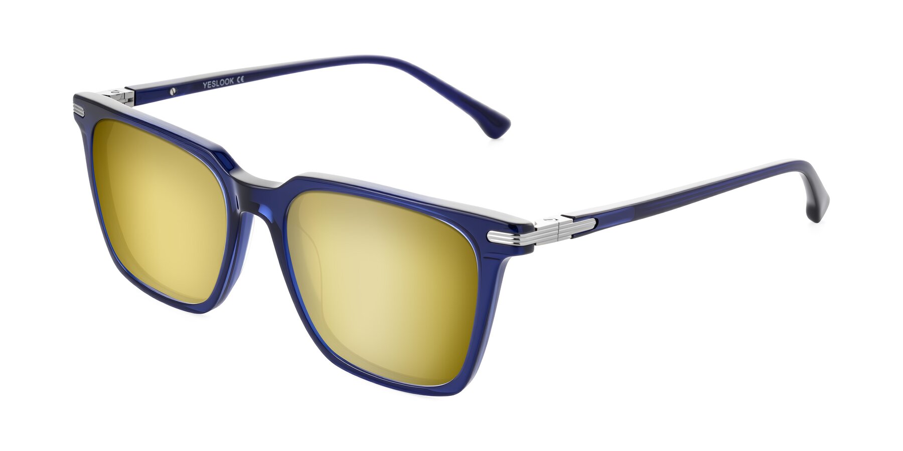 Angle of Miyaha in Navy Blue with Gold Mirrored Lenses