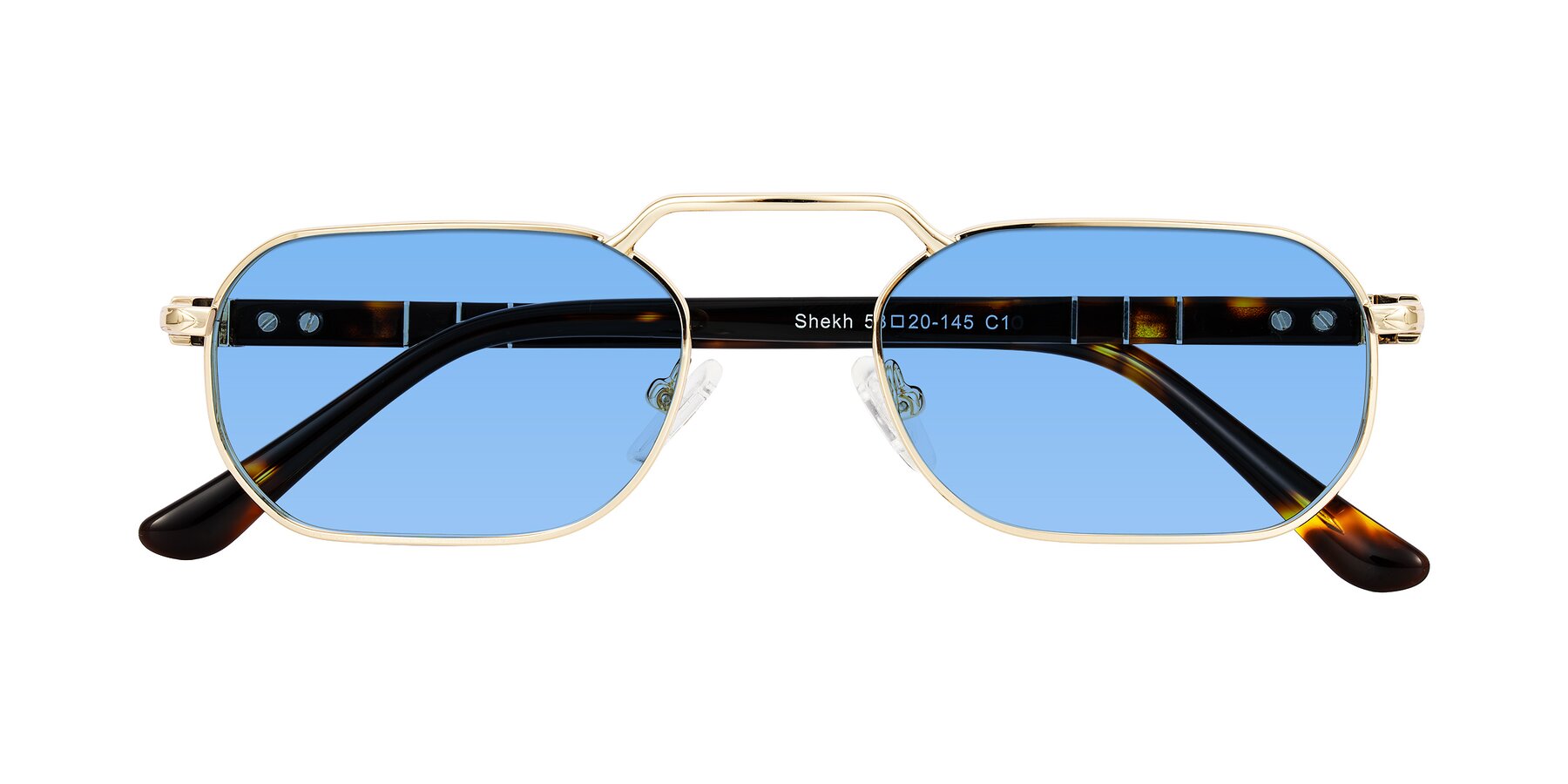 Folded Front of Shekh in Gold with Medium Blue Tinted Lenses
