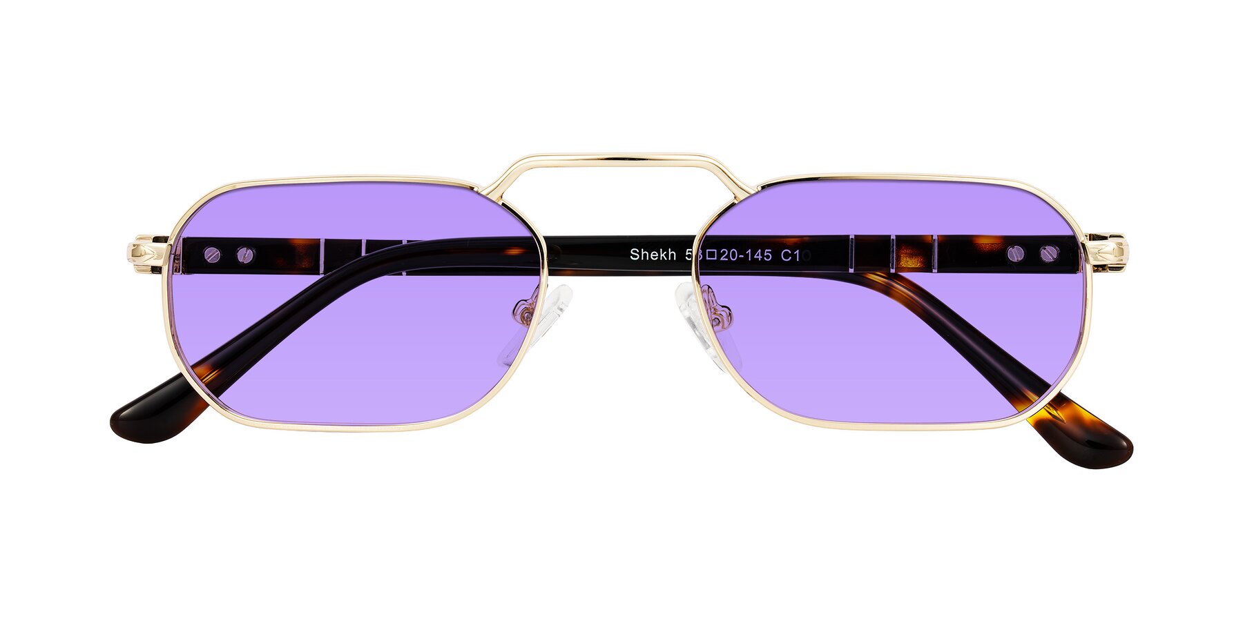 Folded Front of Shekh in Gold with Medium Purple Tinted Lenses