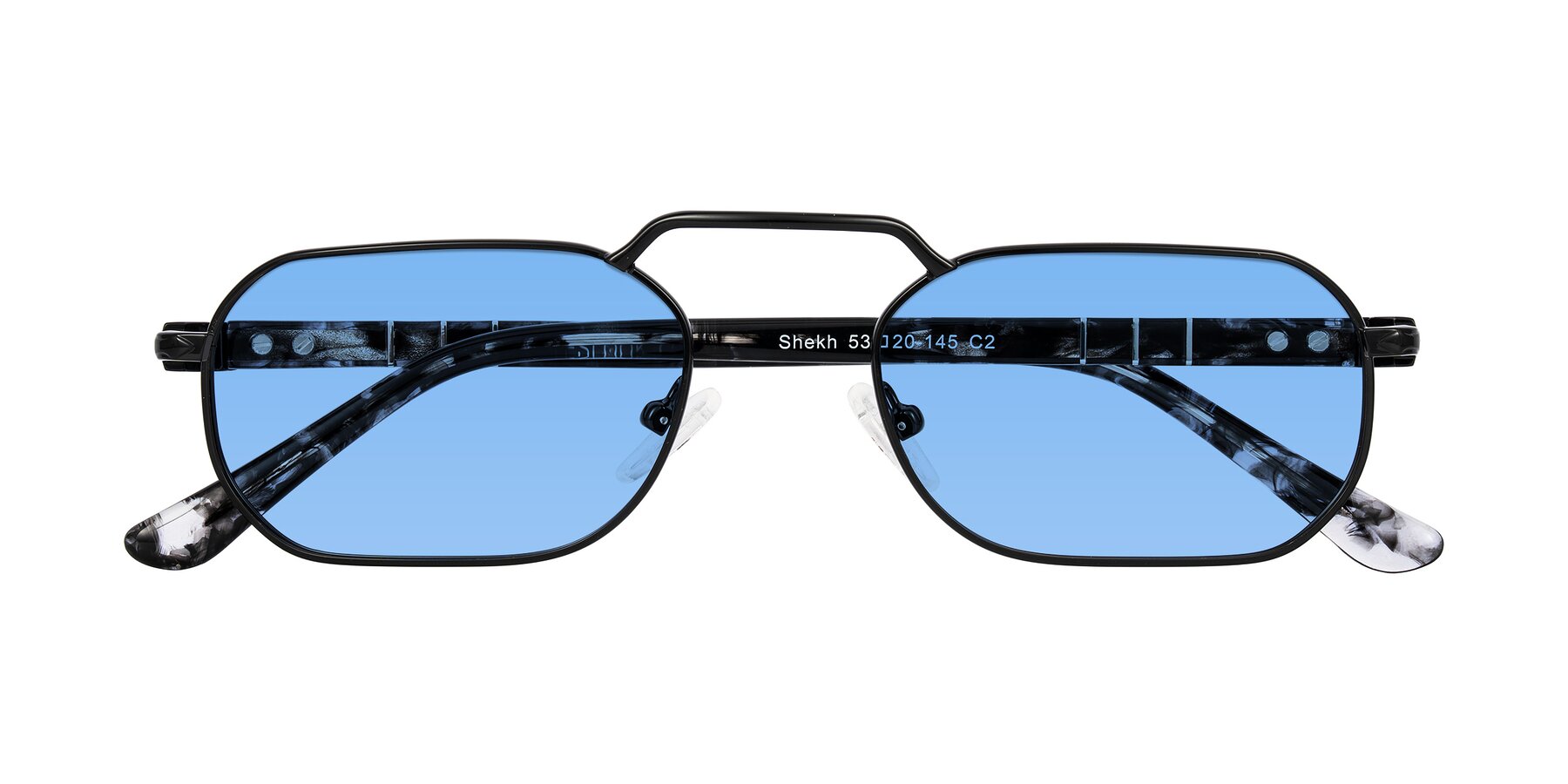 Folded Front of Shekh in Black with Medium Blue Tinted Lenses