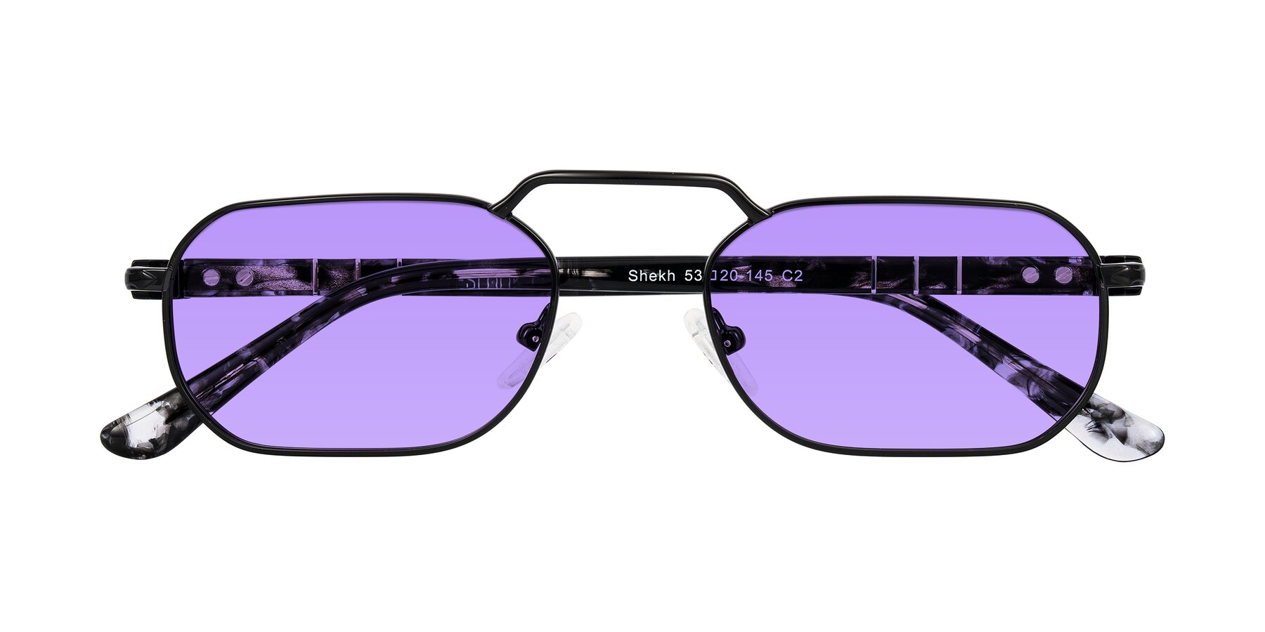 Folded Front of Shekh in Black with Medium Purple Tinted Lenses