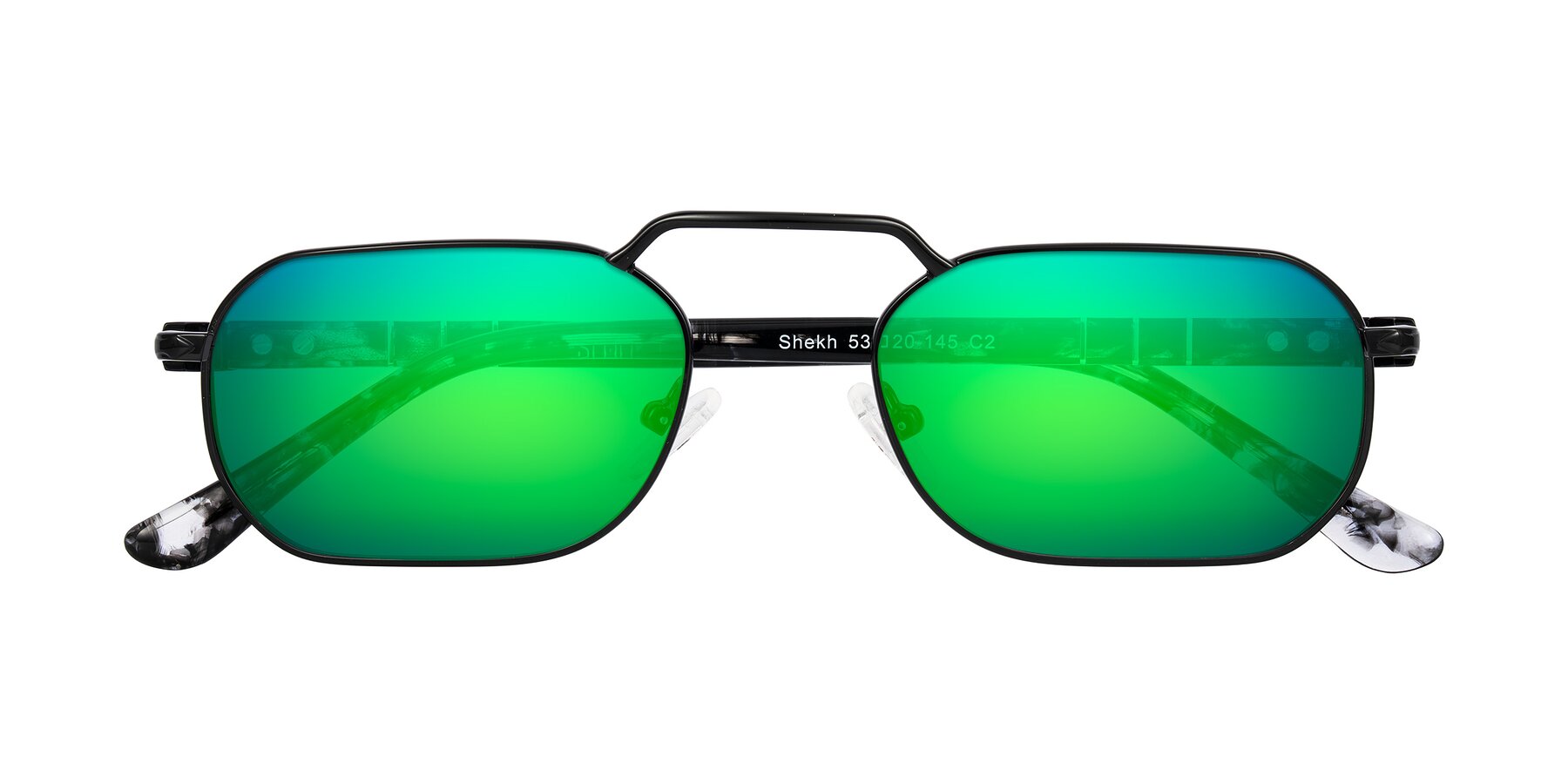 Folded Front of Shekh in Black with Green Mirrored Lenses