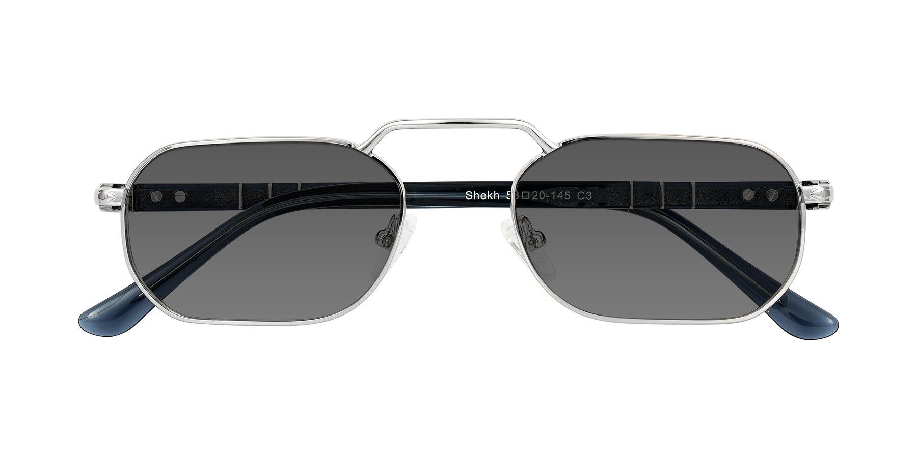 Folded Front of Shekh in Silver with Medium Gray Tinted Lenses