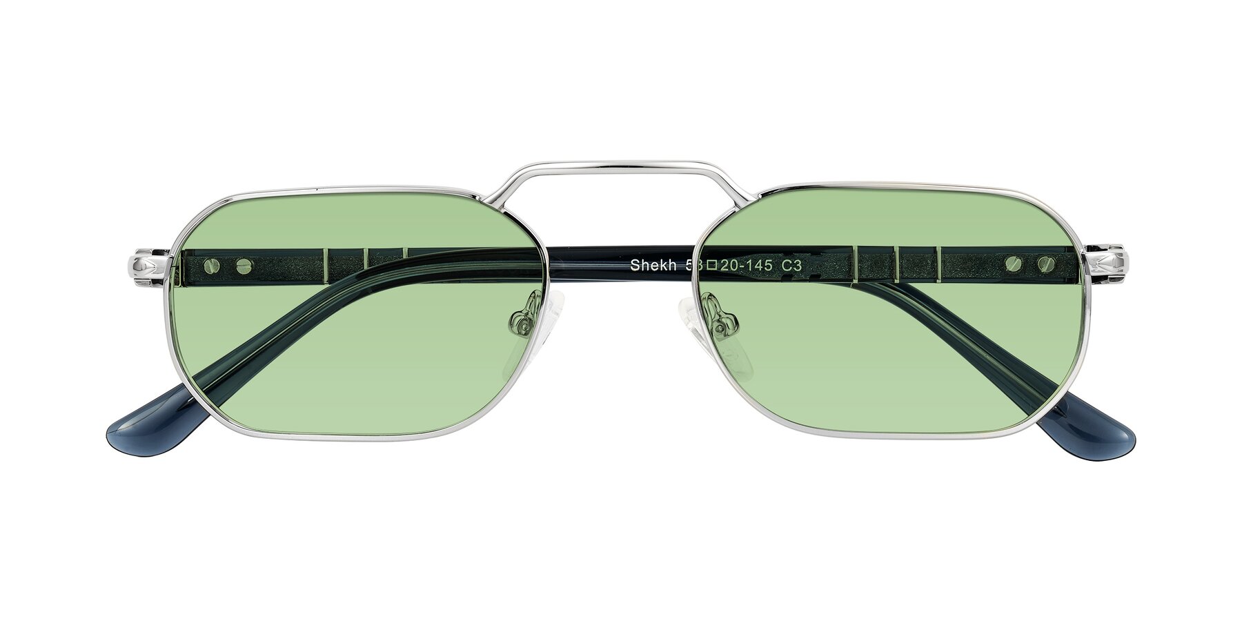 Folded Front of Shekh in Silver with Medium Green Tinted Lenses