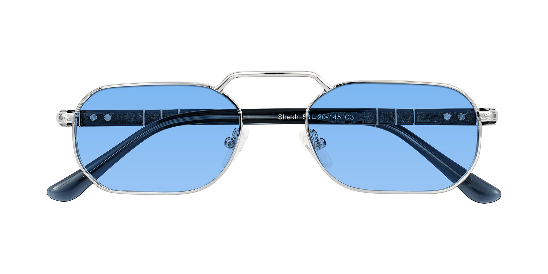 Folded Front of Shekh in Silver with Medium Blue Tinted Lenses