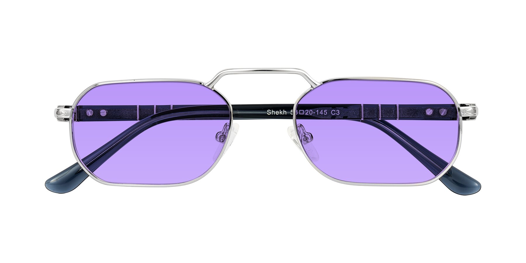 Folded Front of Shekh in Silver with Medium Purple Tinted Lenses