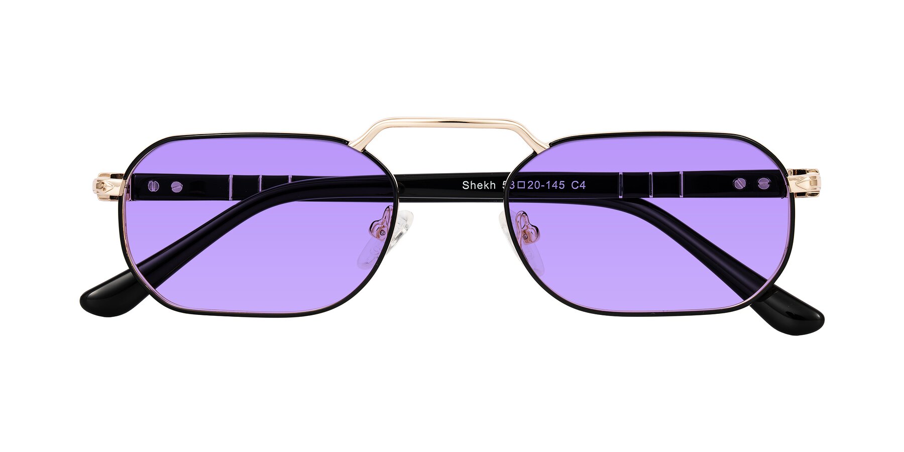 Folded Front of Shekh in Black/Gold with Medium Purple Tinted Lenses