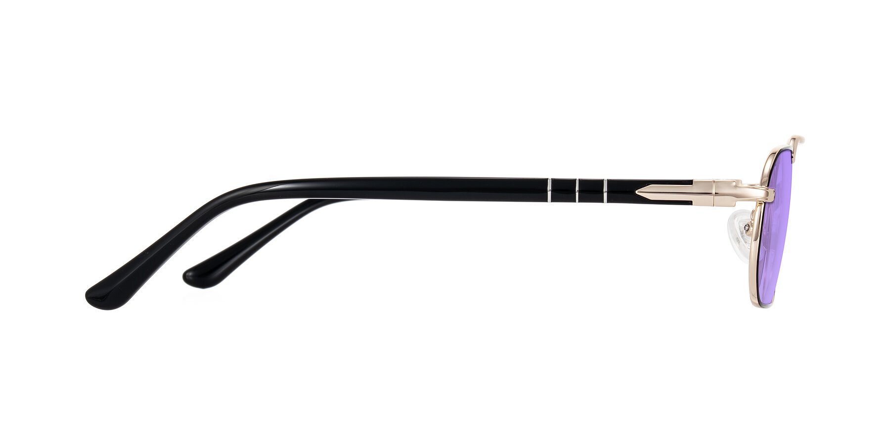 Side of Shekh in Black/Gold with Medium Purple Tinted Lenses