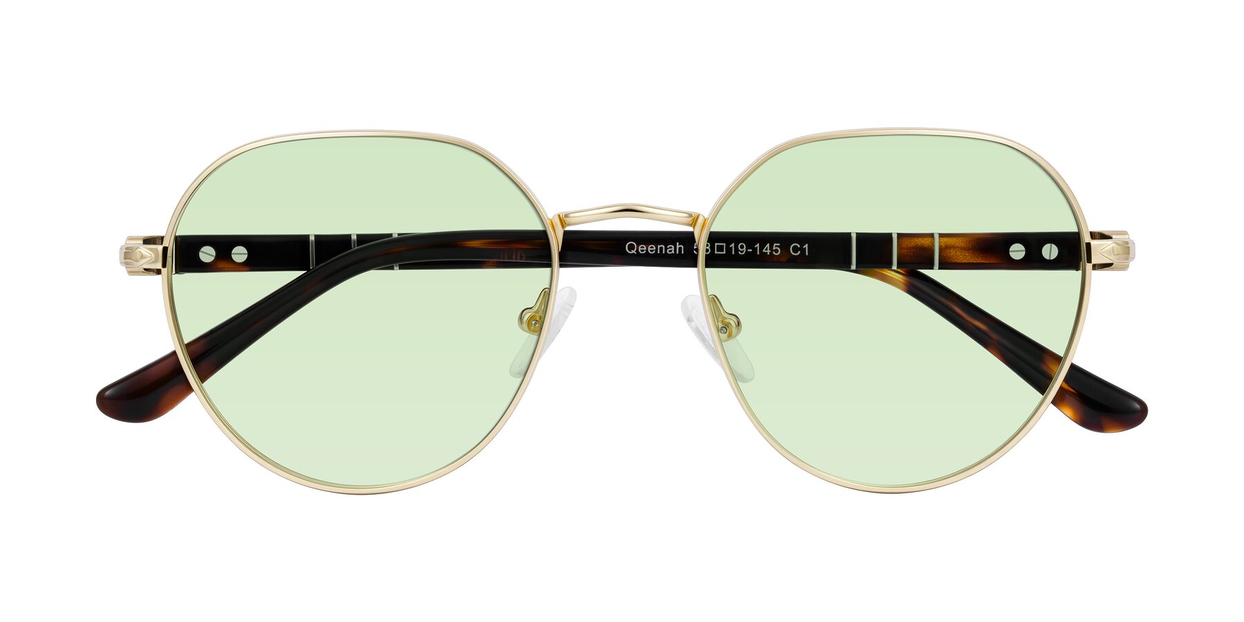 Folded Front of Qeenah in Gold with Light Green Tinted Lenses