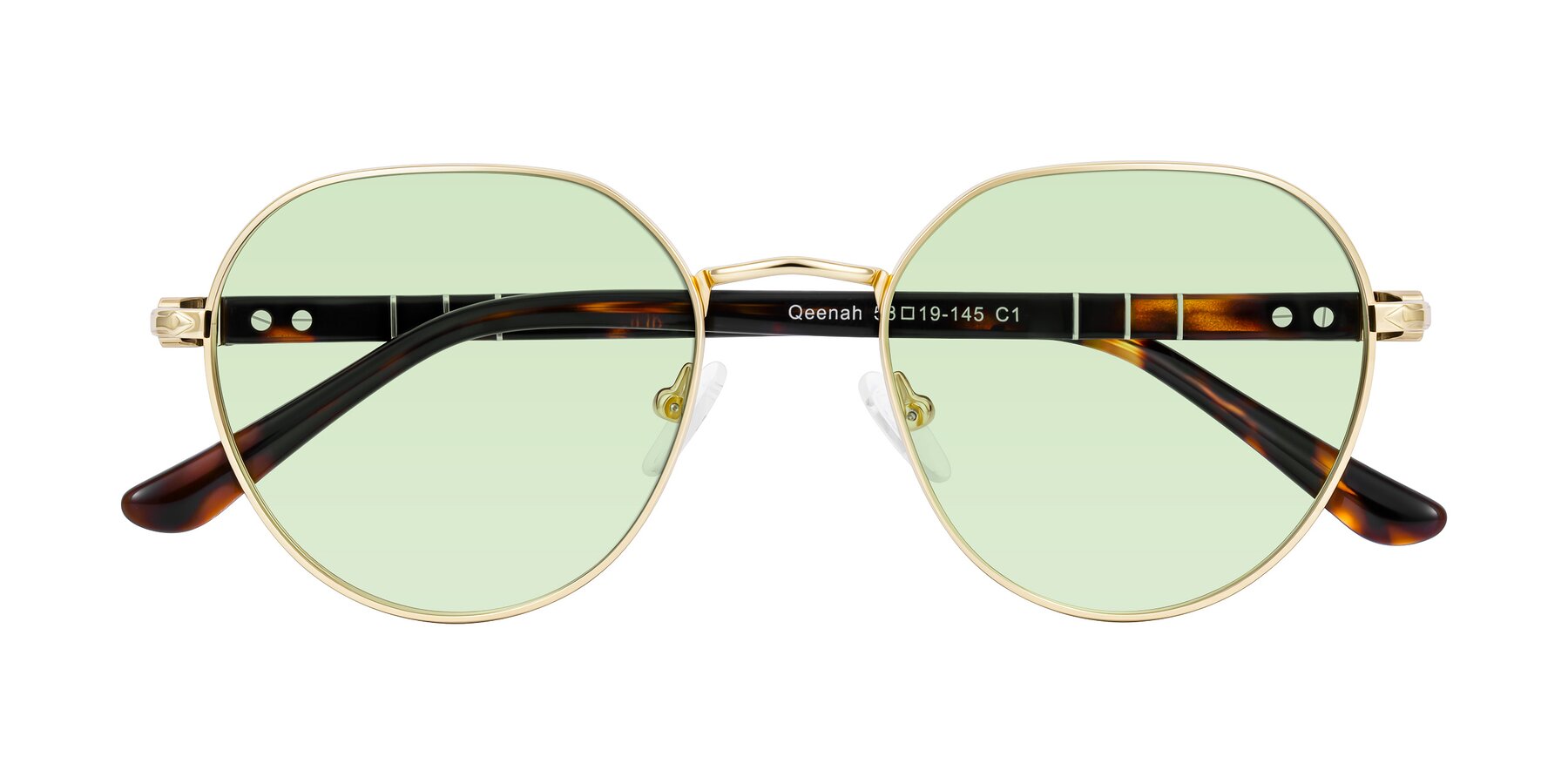 Folded Front of Qeenah in Gold with Light Green Tinted Lenses