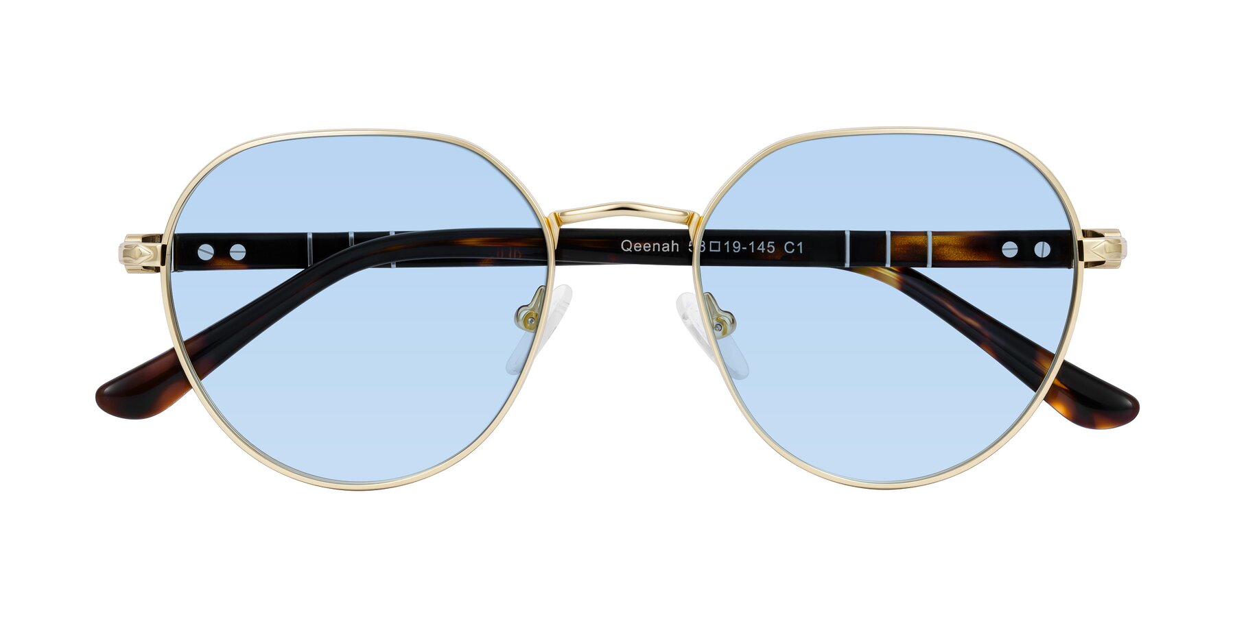 Folded Front of Qeenah in Gold with Light Blue Tinted Lenses