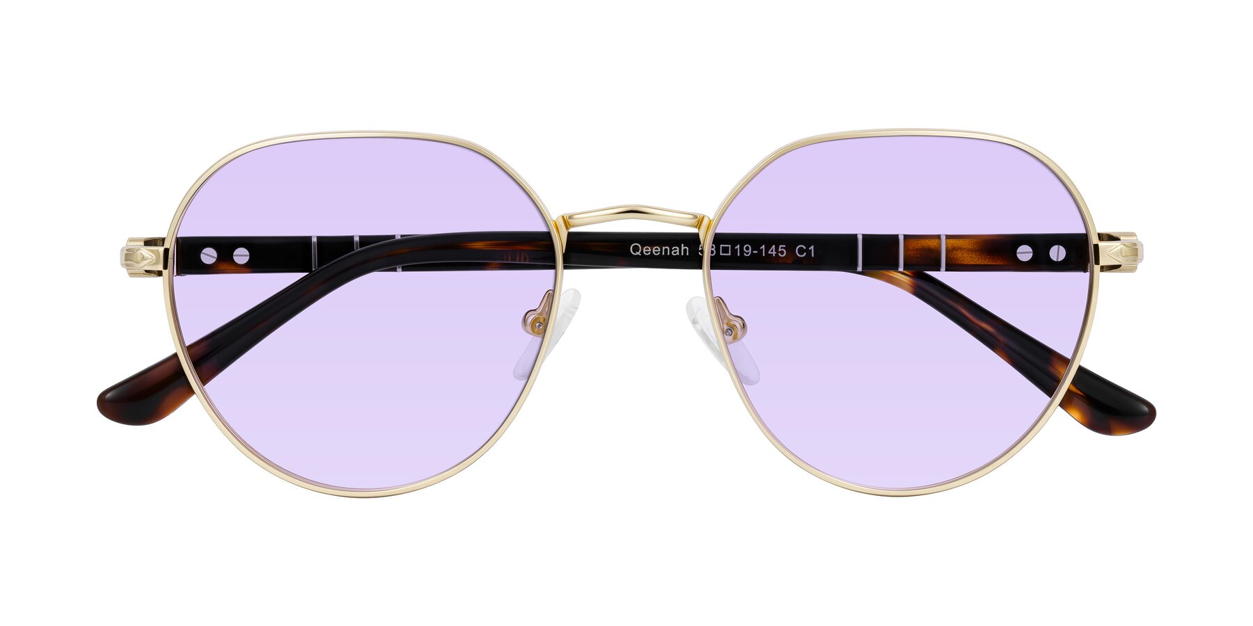 Folded Front of Qeenah in Gold with Light Purple Tinted Lenses