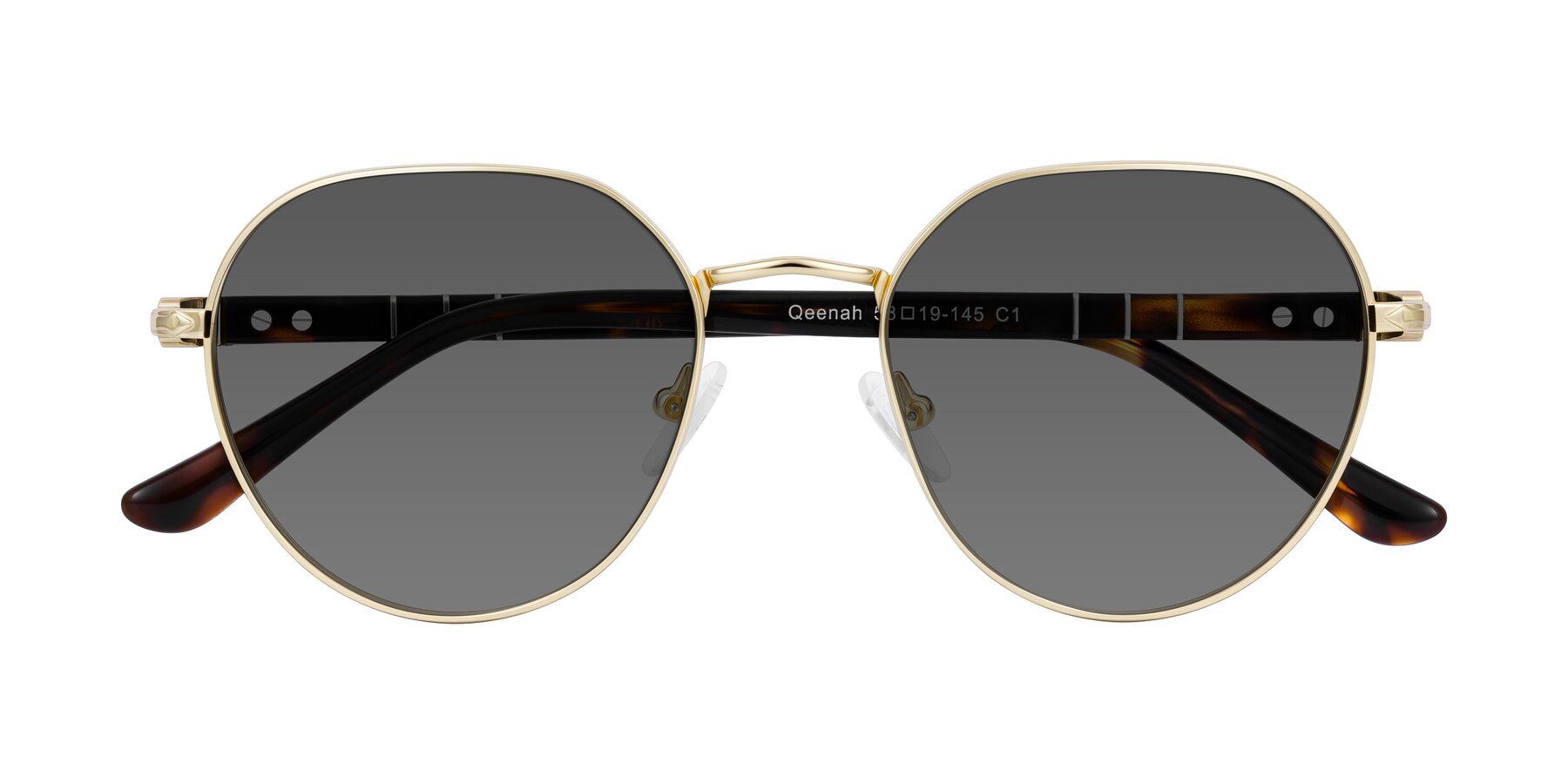 Folded Front of Qeenah in Gold with Medium Gray Tinted Lenses