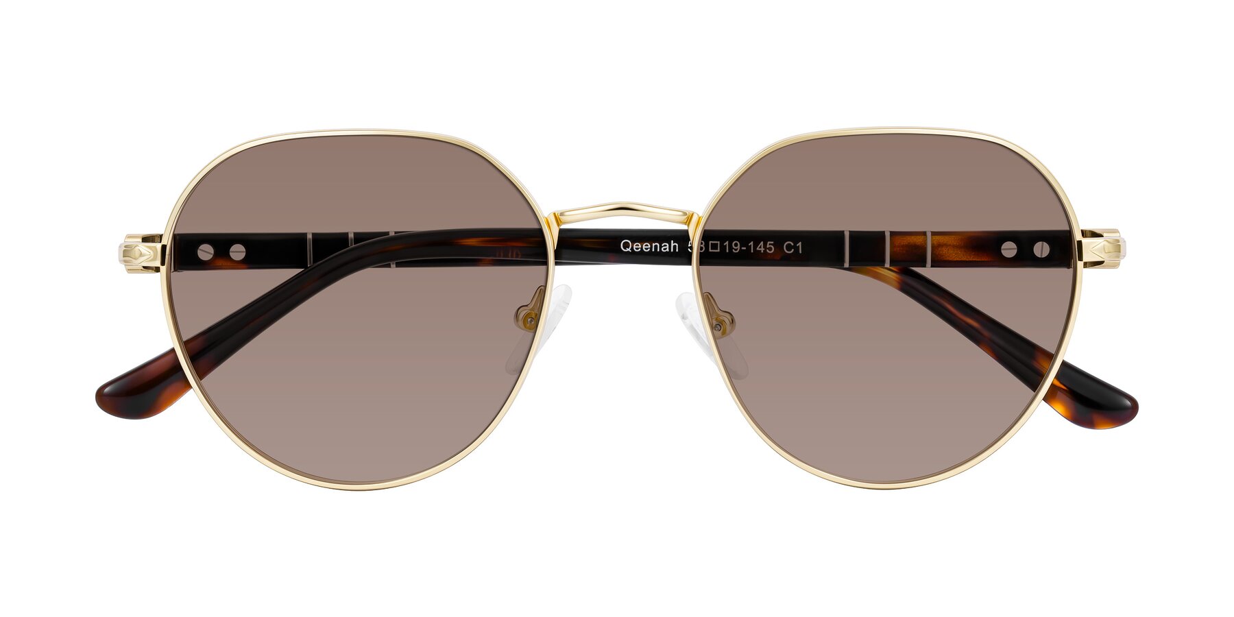 Folded Front of Qeenah in Gold with Medium Brown Tinted Lenses