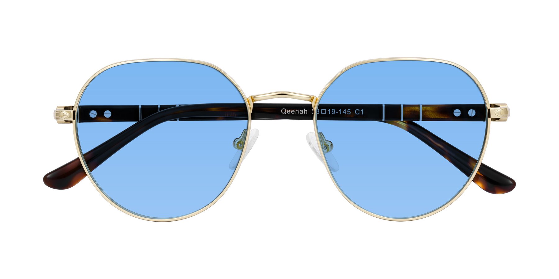 Folded Front of Qeenah in Gold with Medium Blue Tinted Lenses