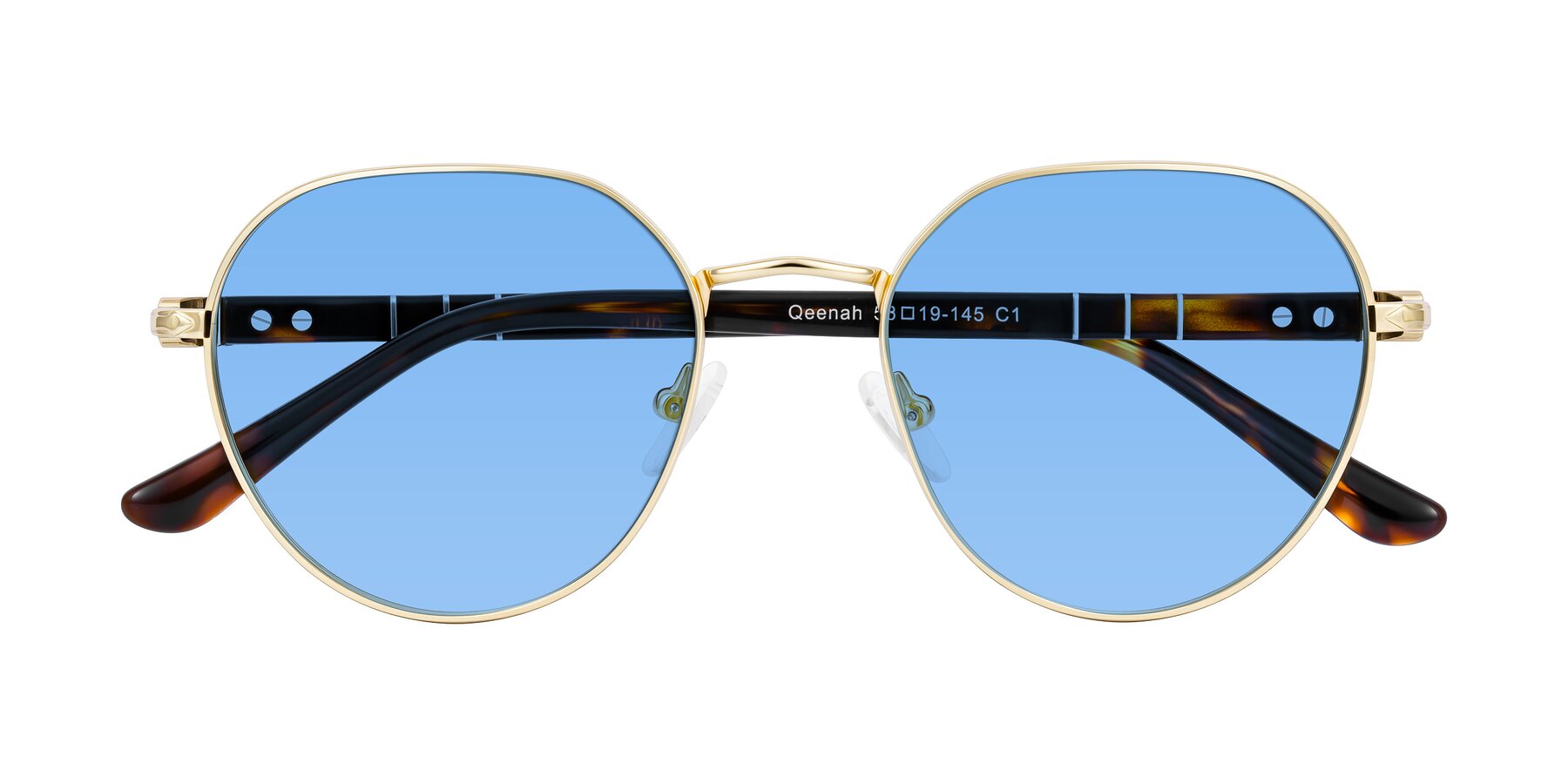 Folded Front of Qeenah in Gold with Medium Blue Tinted Lenses