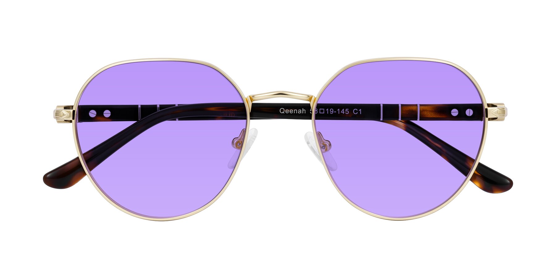 Folded Front of Qeenah in Gold with Medium Purple Tinted Lenses