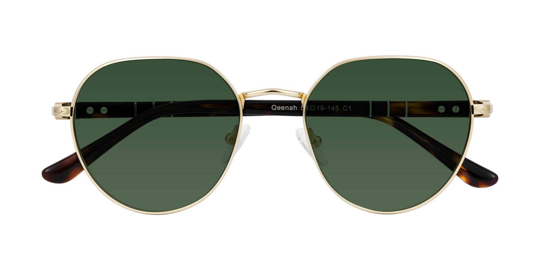 Folded Front of Qeenah in Gold with Green Tinted Lenses
