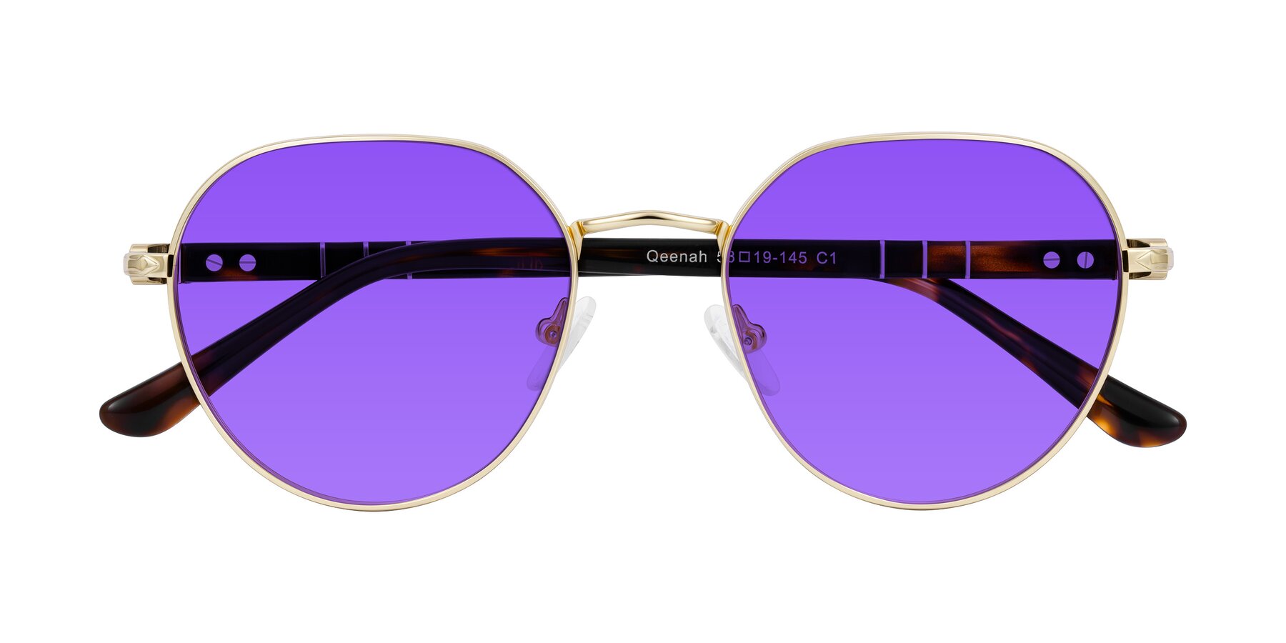 Folded Front of Qeenah in Gold with Purple Tinted Lenses