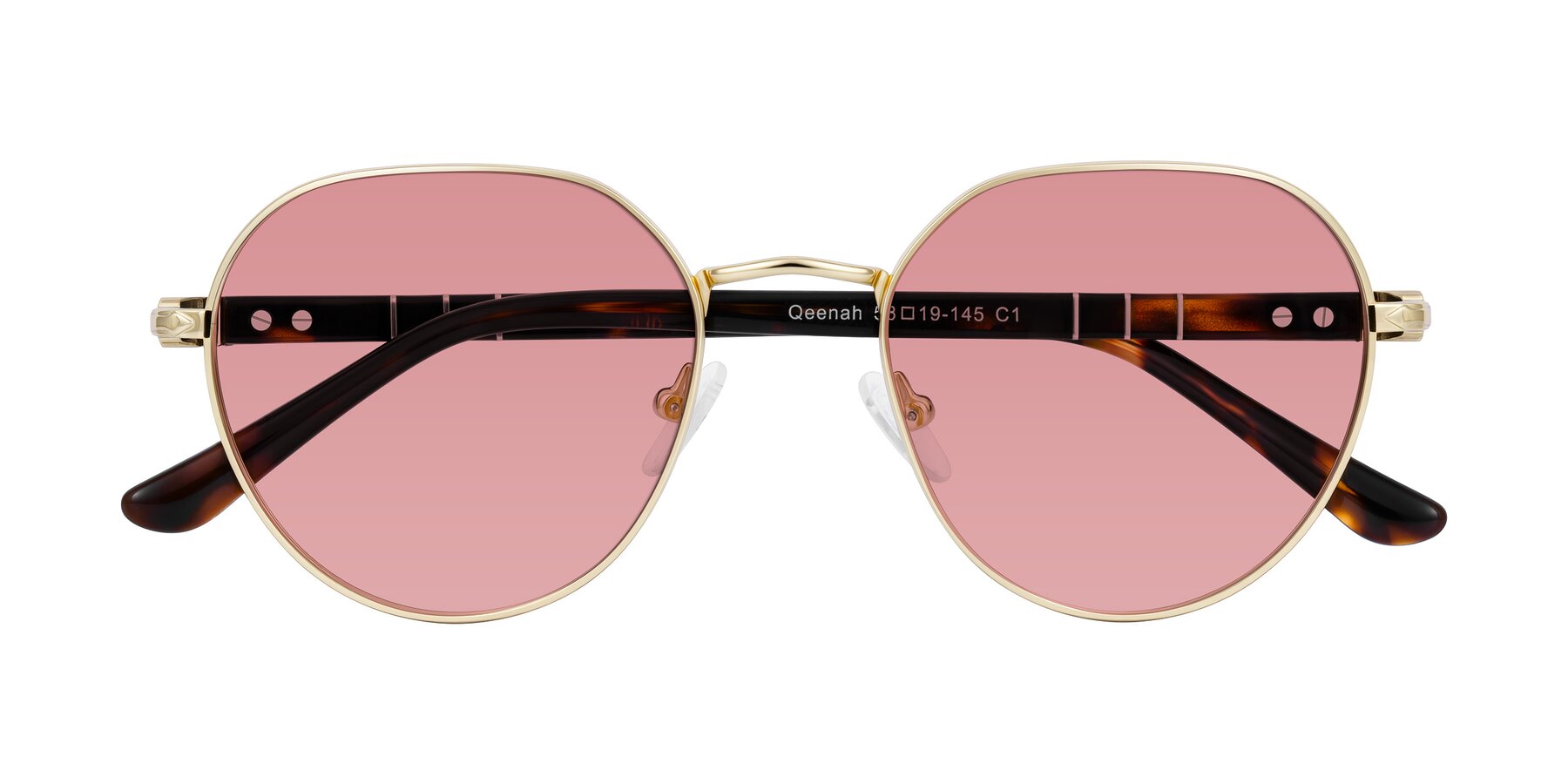 Folded Front of Qeenah in Gold with Medium Garnet Tinted Lenses