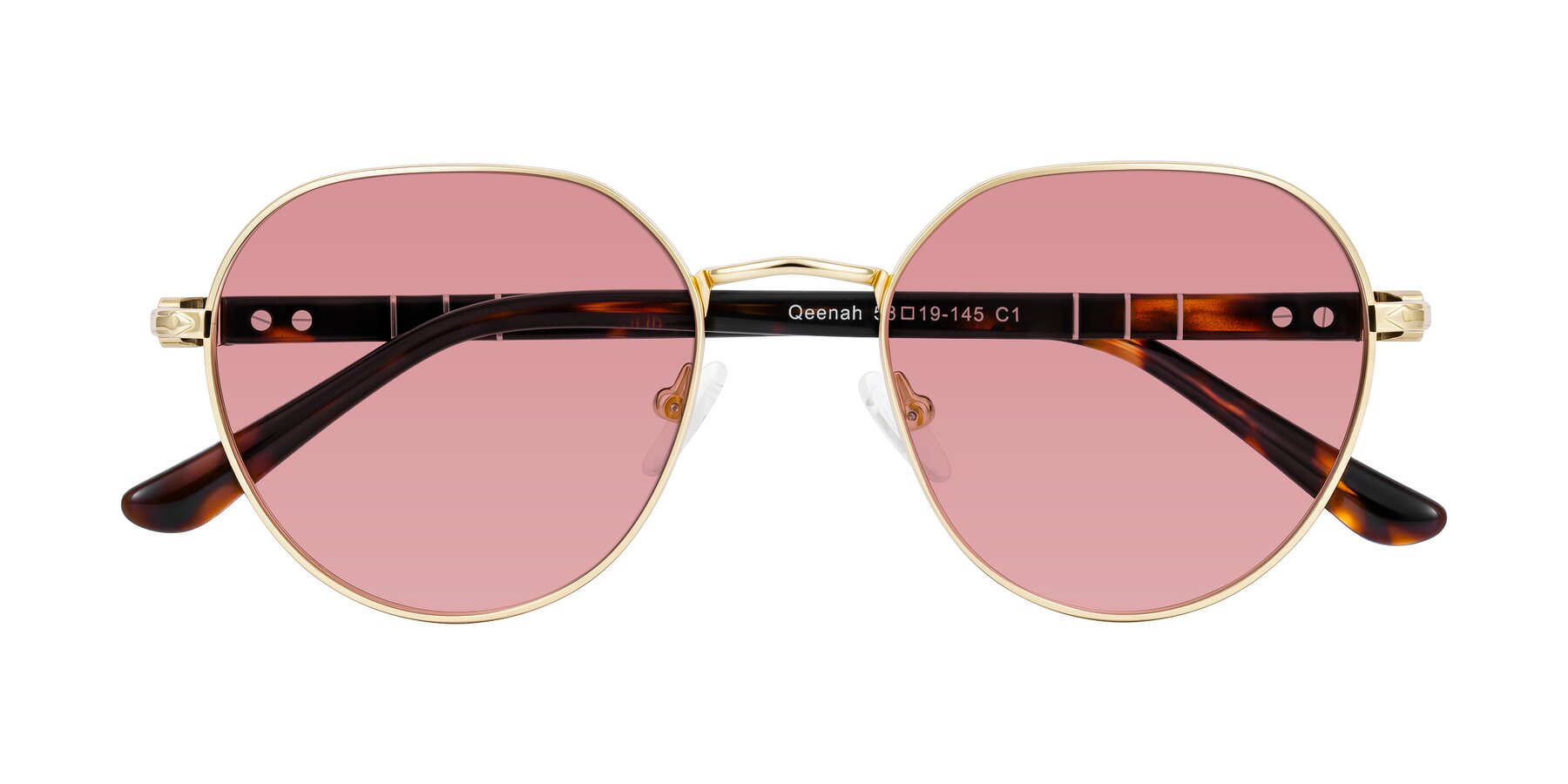 Folded Front of Qeenah in Gold with Medium Garnet Tinted Lenses