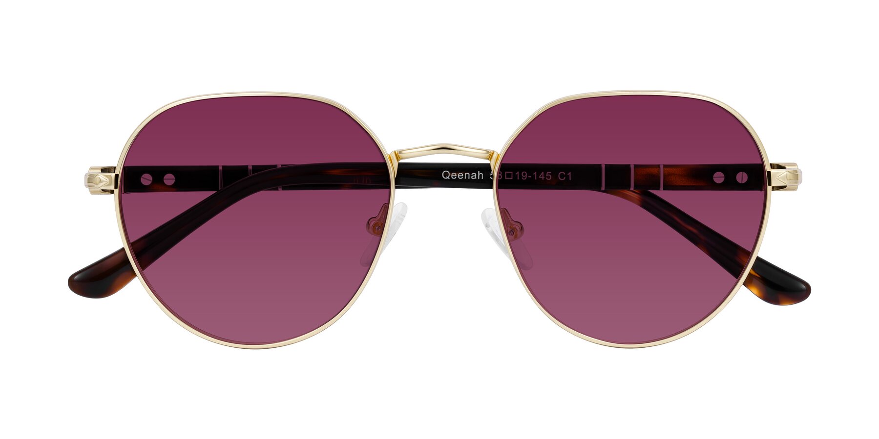Folded Front of Qeenah in Gold with Wine Tinted Lenses