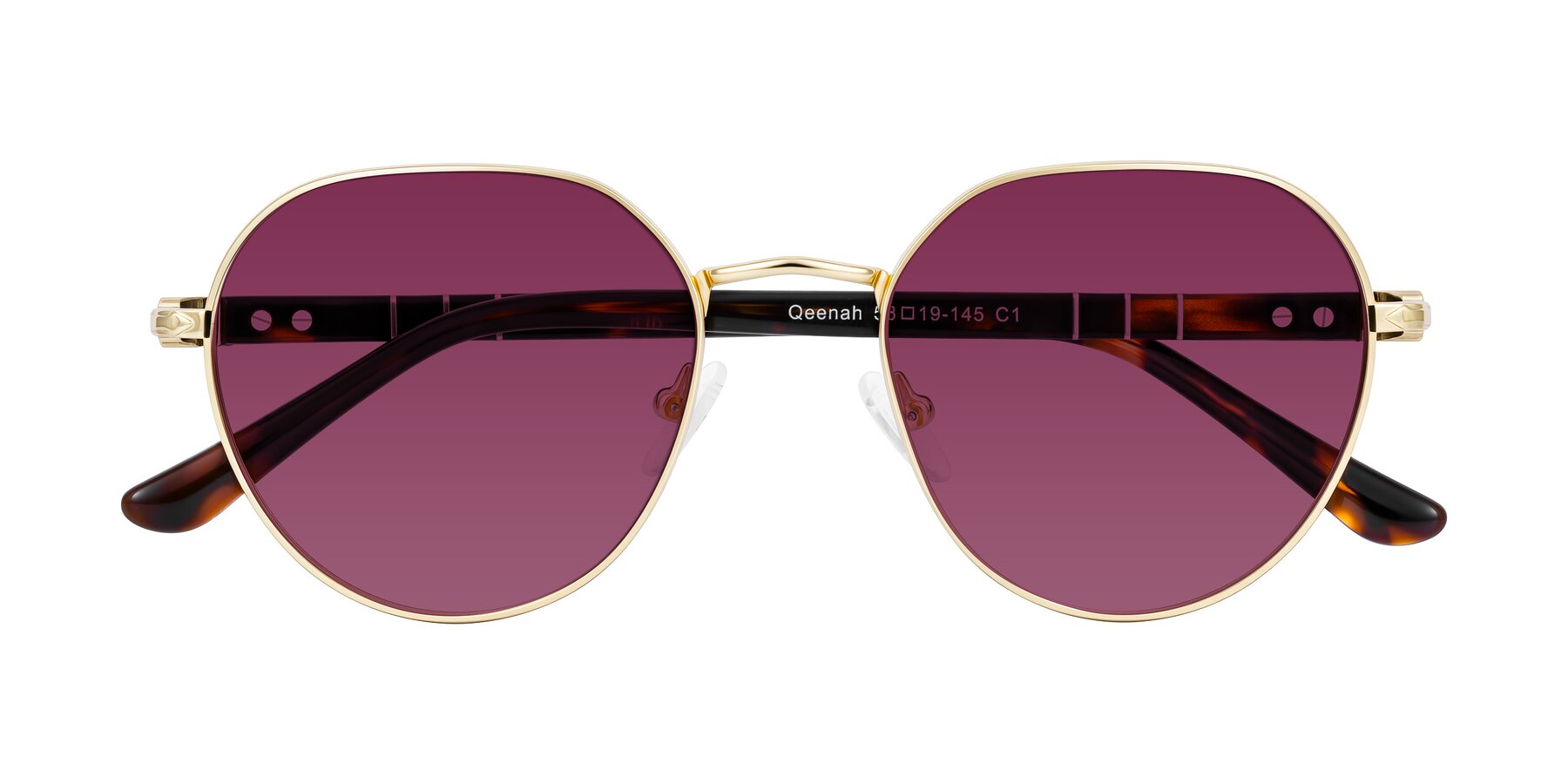 Folded Front of Qeenah in Gold with Wine Tinted Lenses