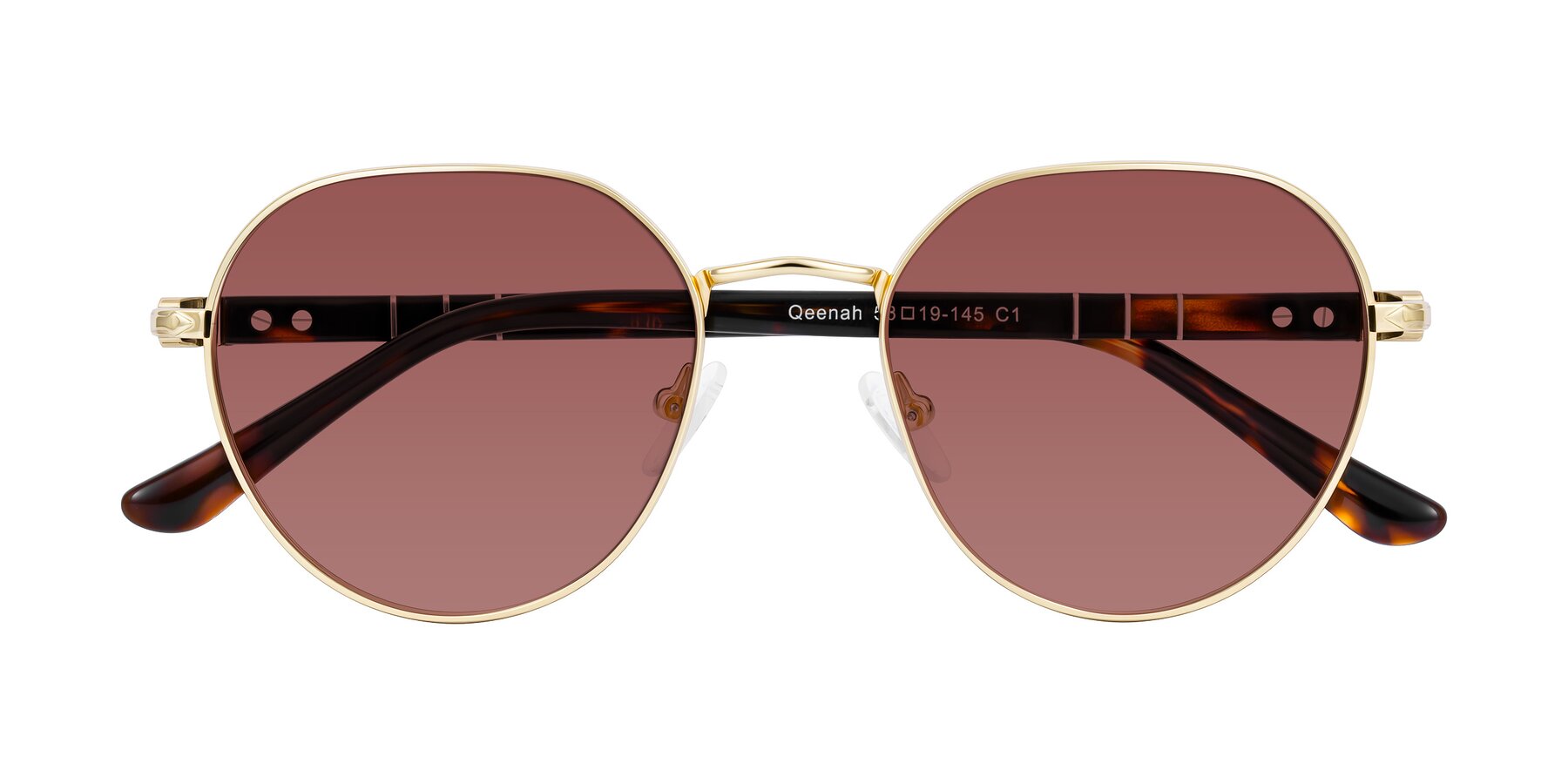 Folded Front of Qeenah in Gold with Garnet Tinted Lenses