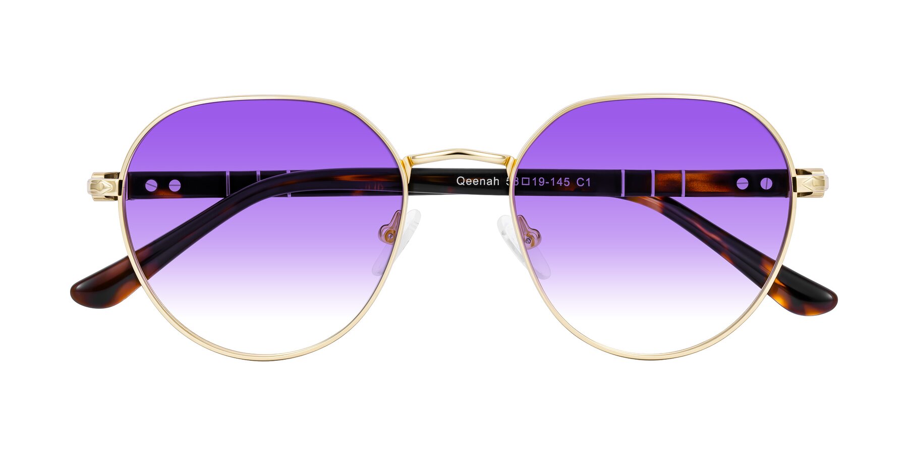 Folded Front of Qeenah in Gold with Purple Gradient Lenses