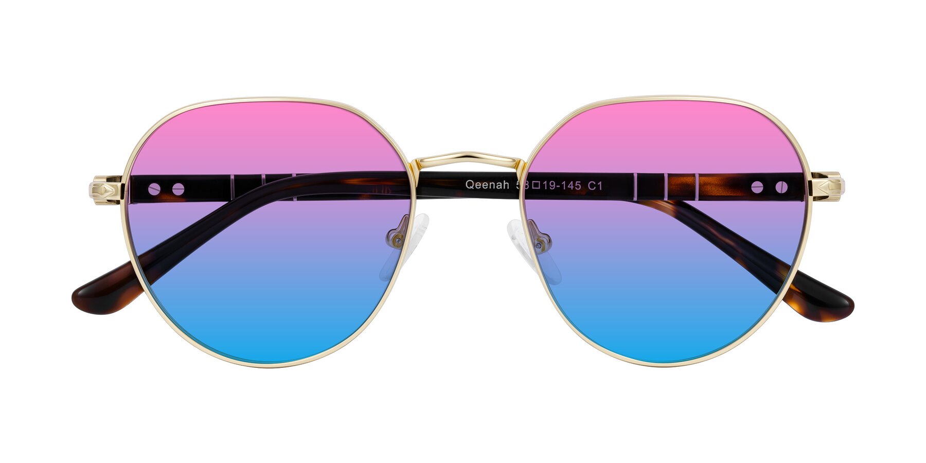 Folded Front of Qeenah in Gold with Pink / Blue Gradient Lenses
