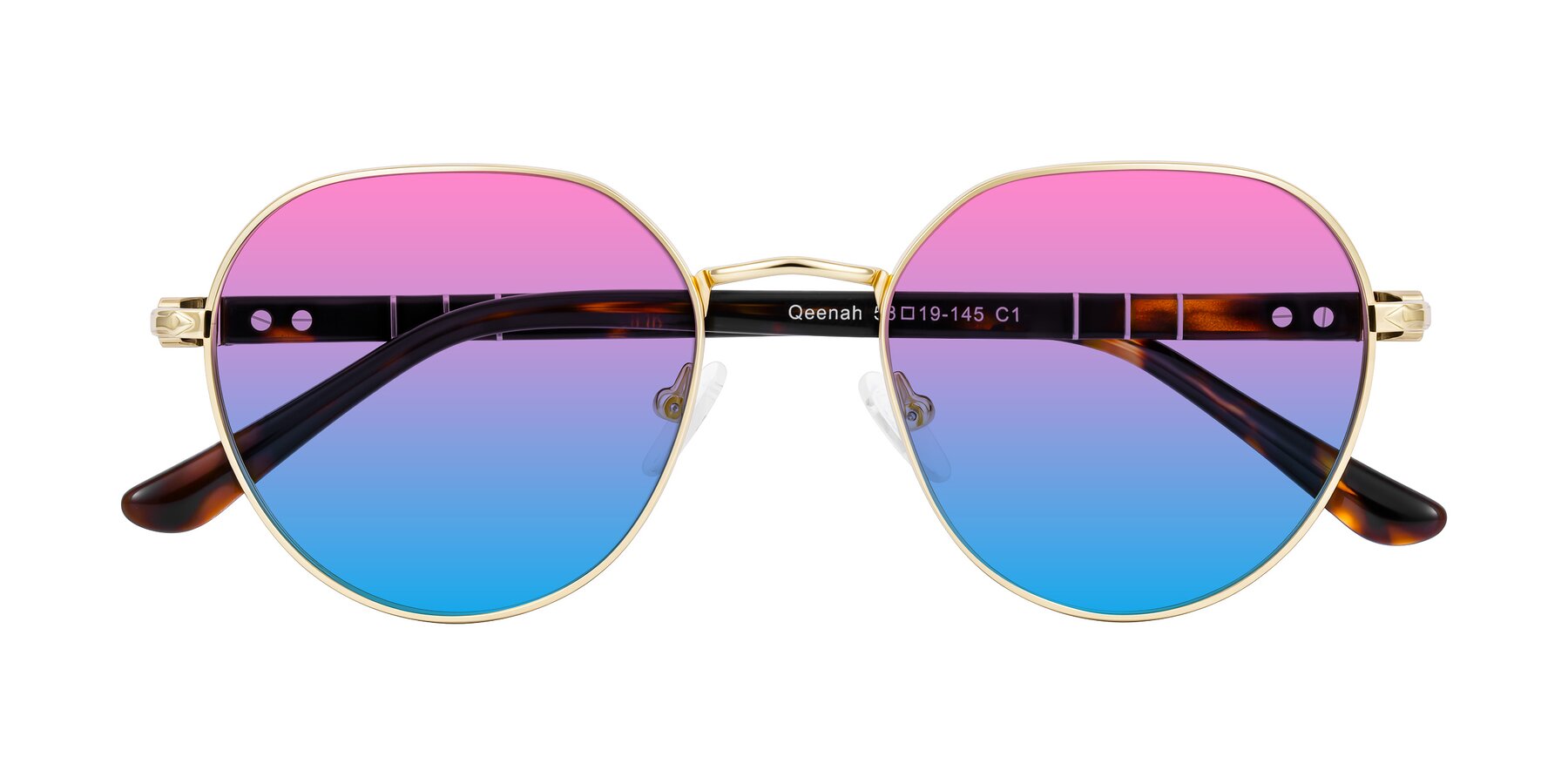 Folded Front of Qeenah in Gold with Pink / Blue Gradient Lenses
