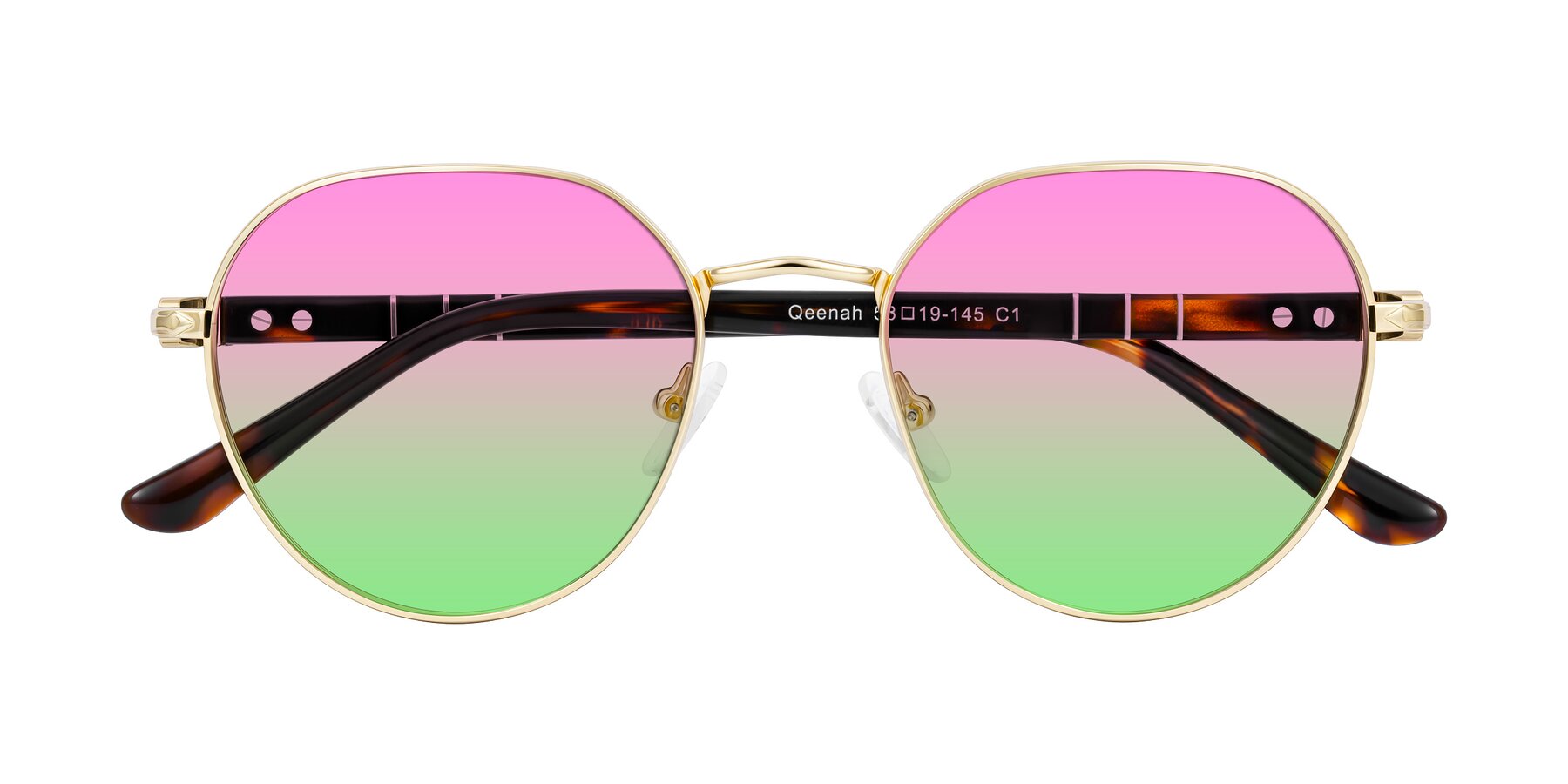 Folded Front of Qeenah in Gold with Pink / Green Gradient Lenses