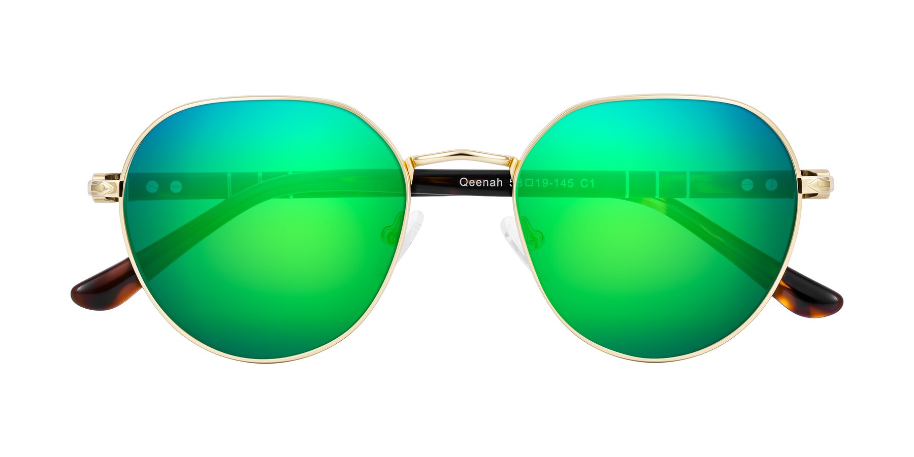 Folded Front of Qeenah in Gold with Green Mirrored Lenses