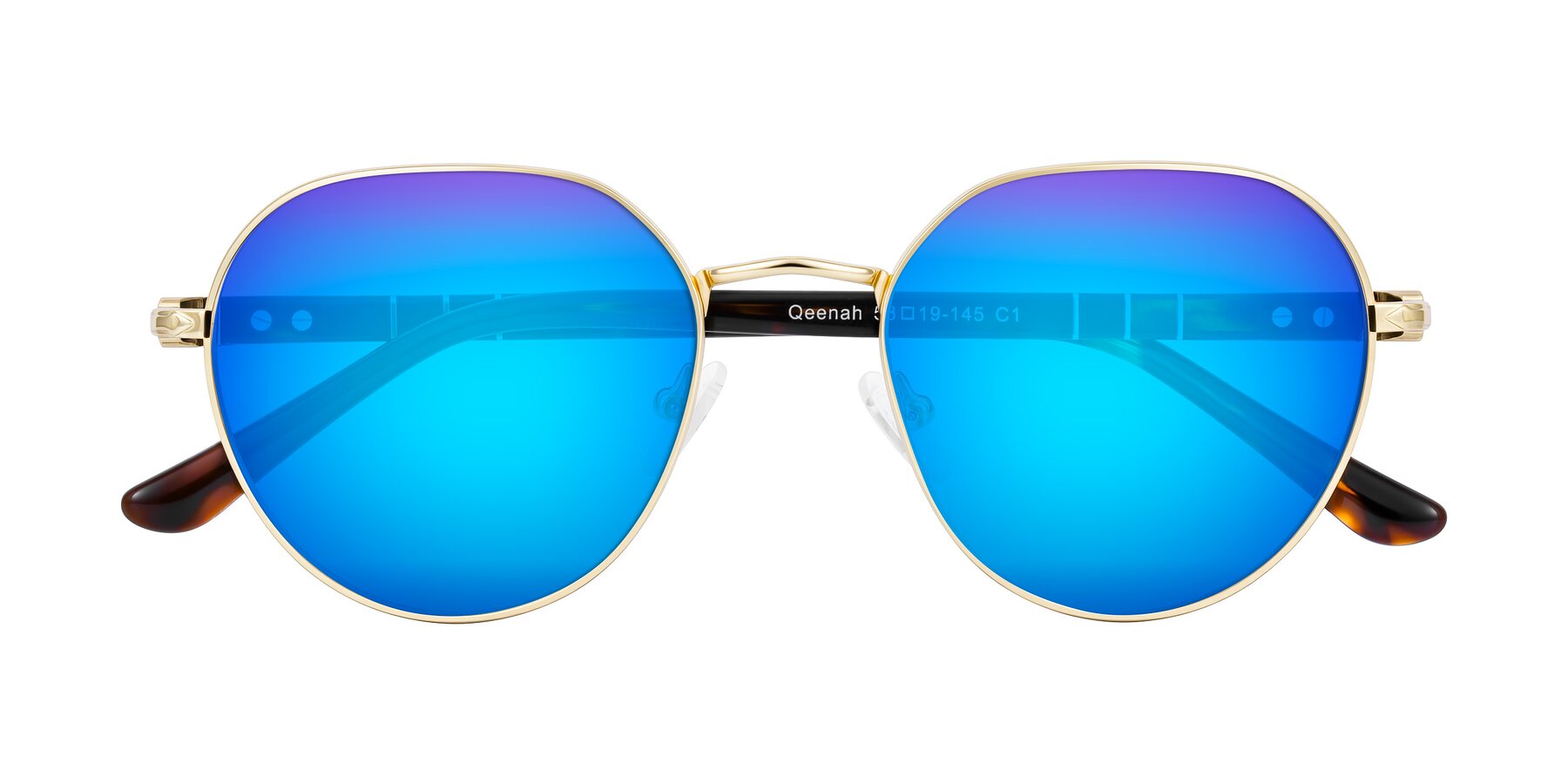 Folded Front of Qeenah in Gold with Blue Mirrored Lenses