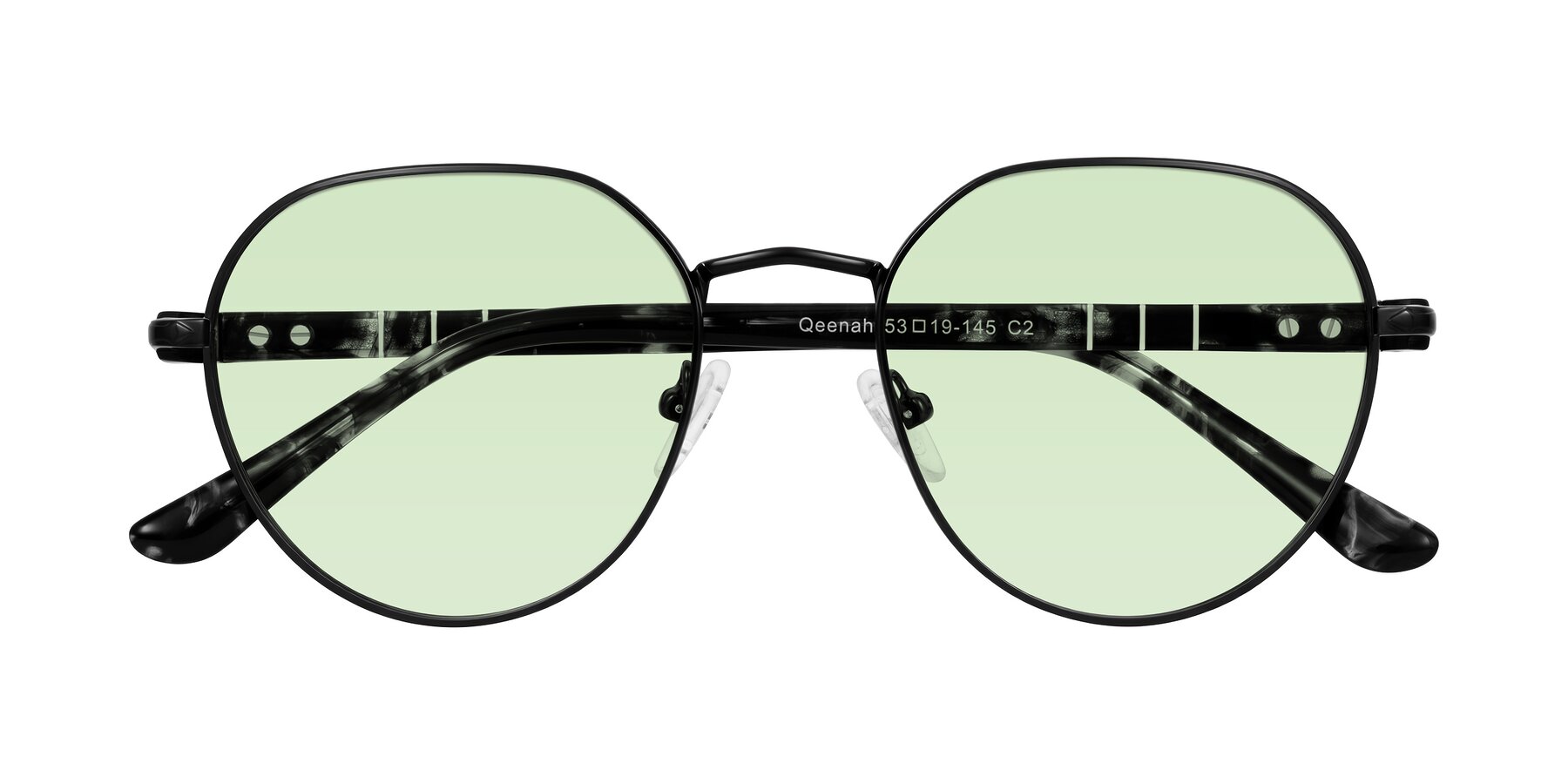 Folded Front of Qeenah in Black with Light Green Tinted Lenses