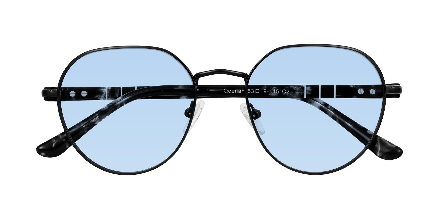 Folded Front of Qeenah in Black with Light Blue Tinted Lenses