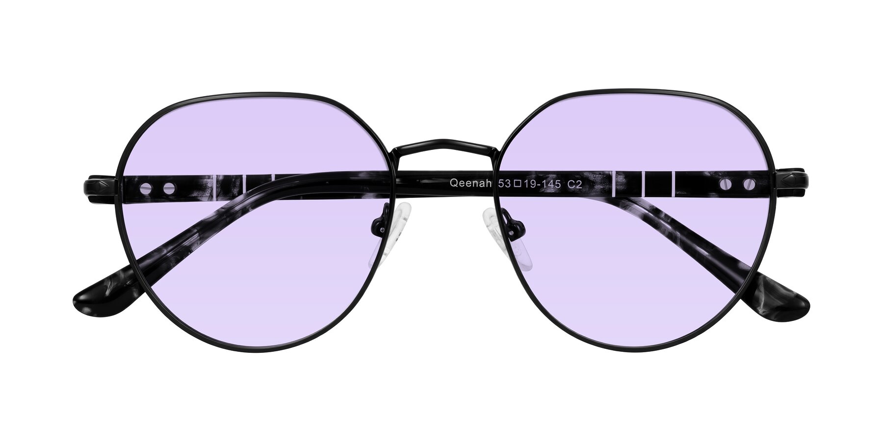 Folded Front of Qeenah in Black with Light Purple Tinted Lenses