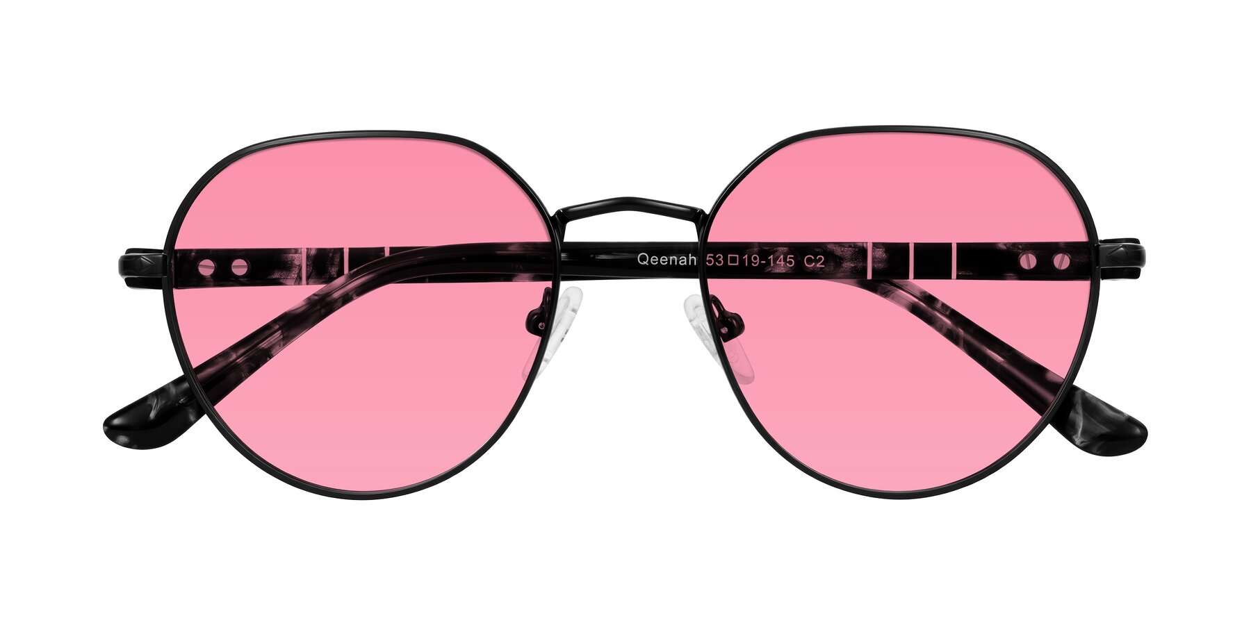 Folded Front of Qeenah in Black with Pink Tinted Lenses