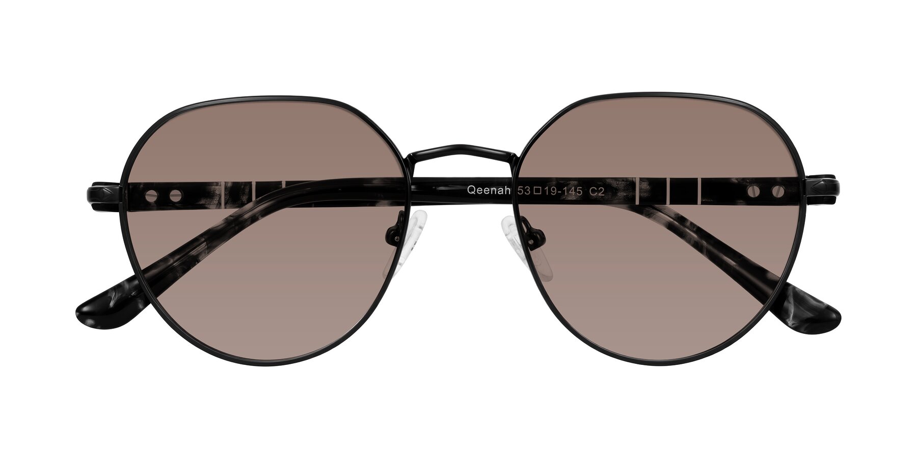Folded Front of Qeenah in Black with Medium Brown Tinted Lenses