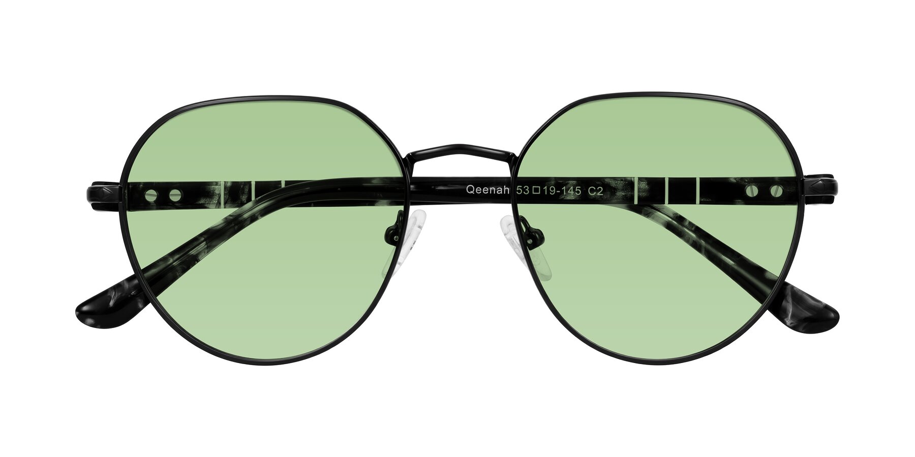 Folded Front of Qeenah in Black with Medium Green Tinted Lenses