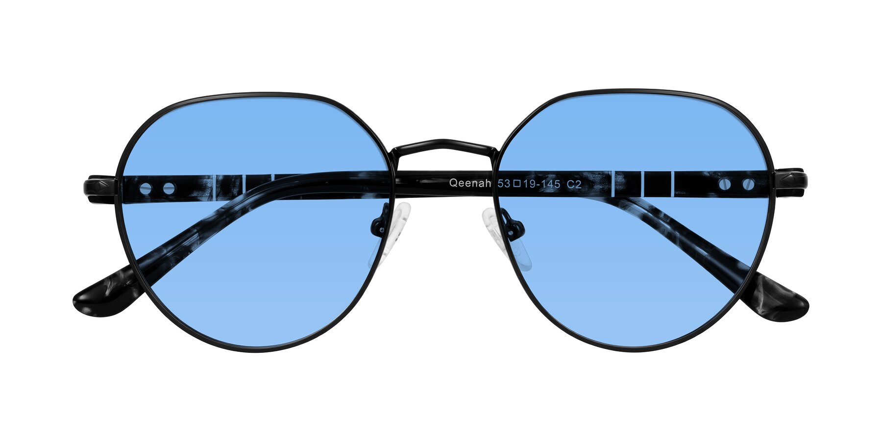 Folded Front of Qeenah in Black with Medium Blue Tinted Lenses